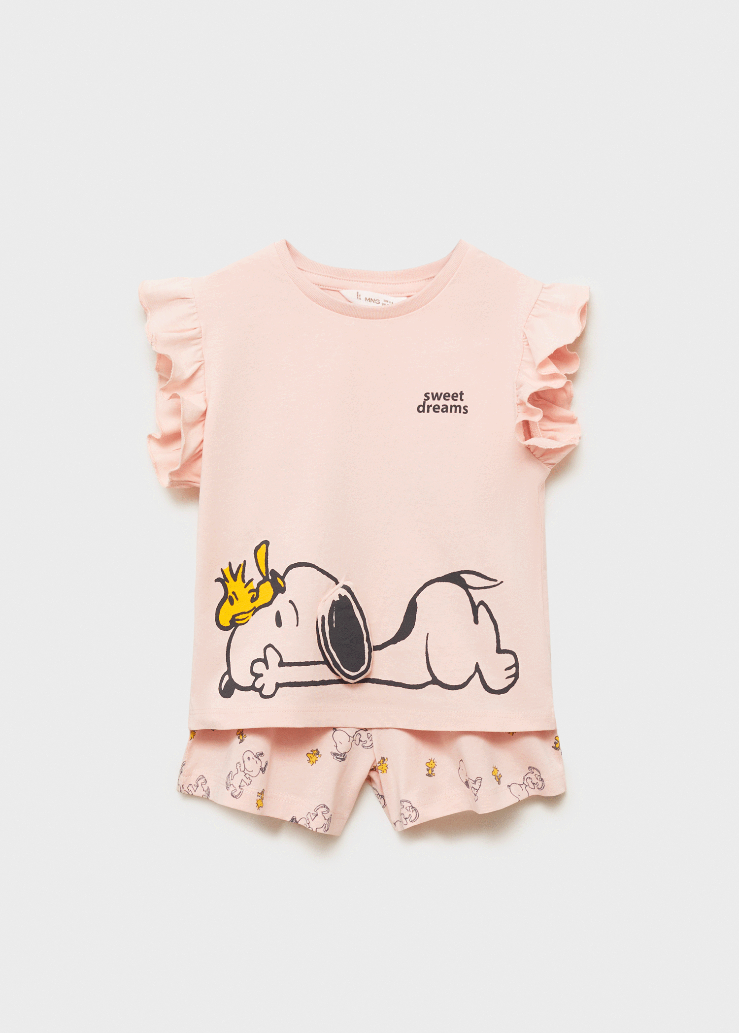 Pink Snoopy print pyjama set with ruffled cap-sleeve top and matching shorts.