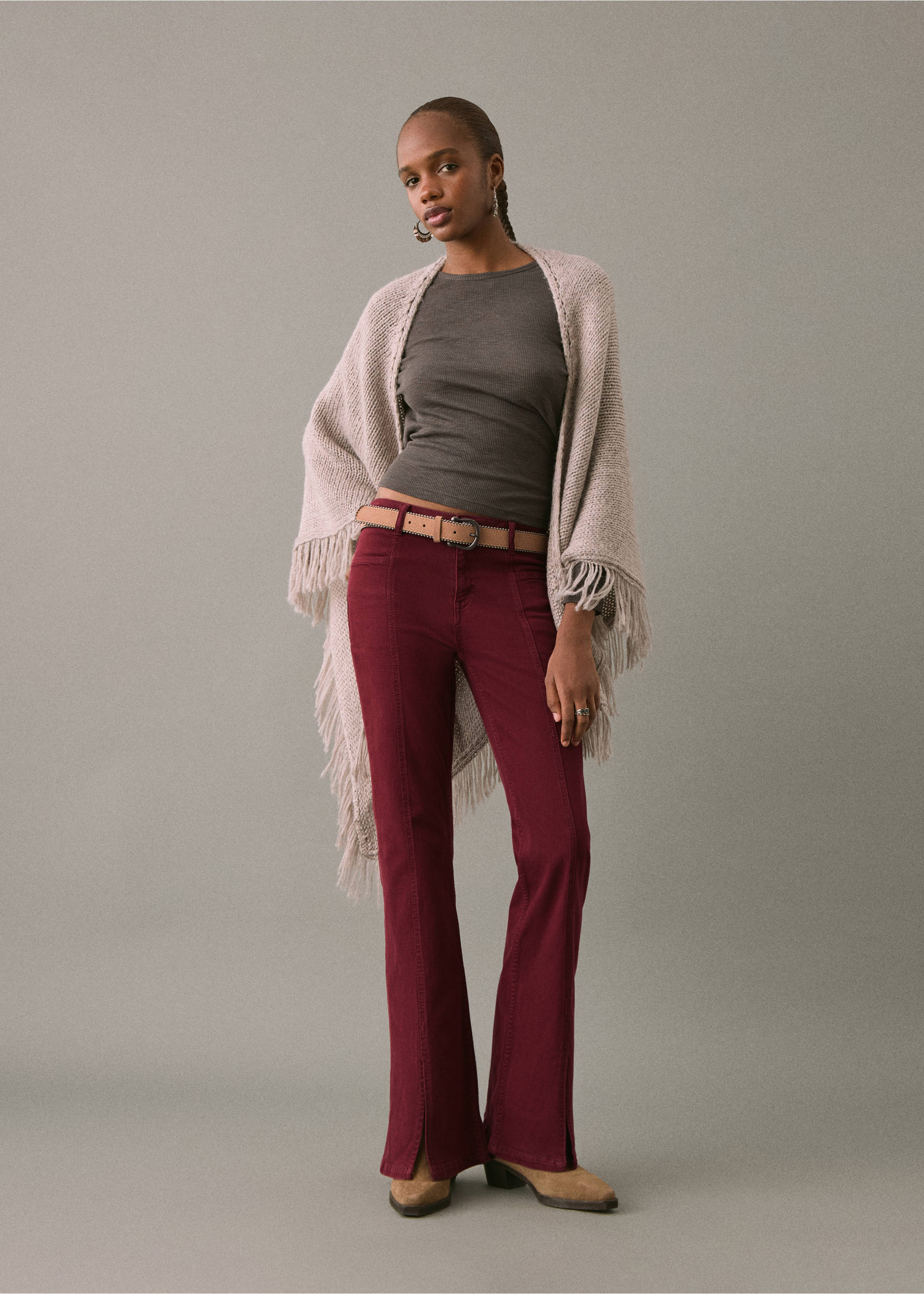 Flared jeans met split - Overzichtstekening, Bordeaux. Ref: 17001215-00.
