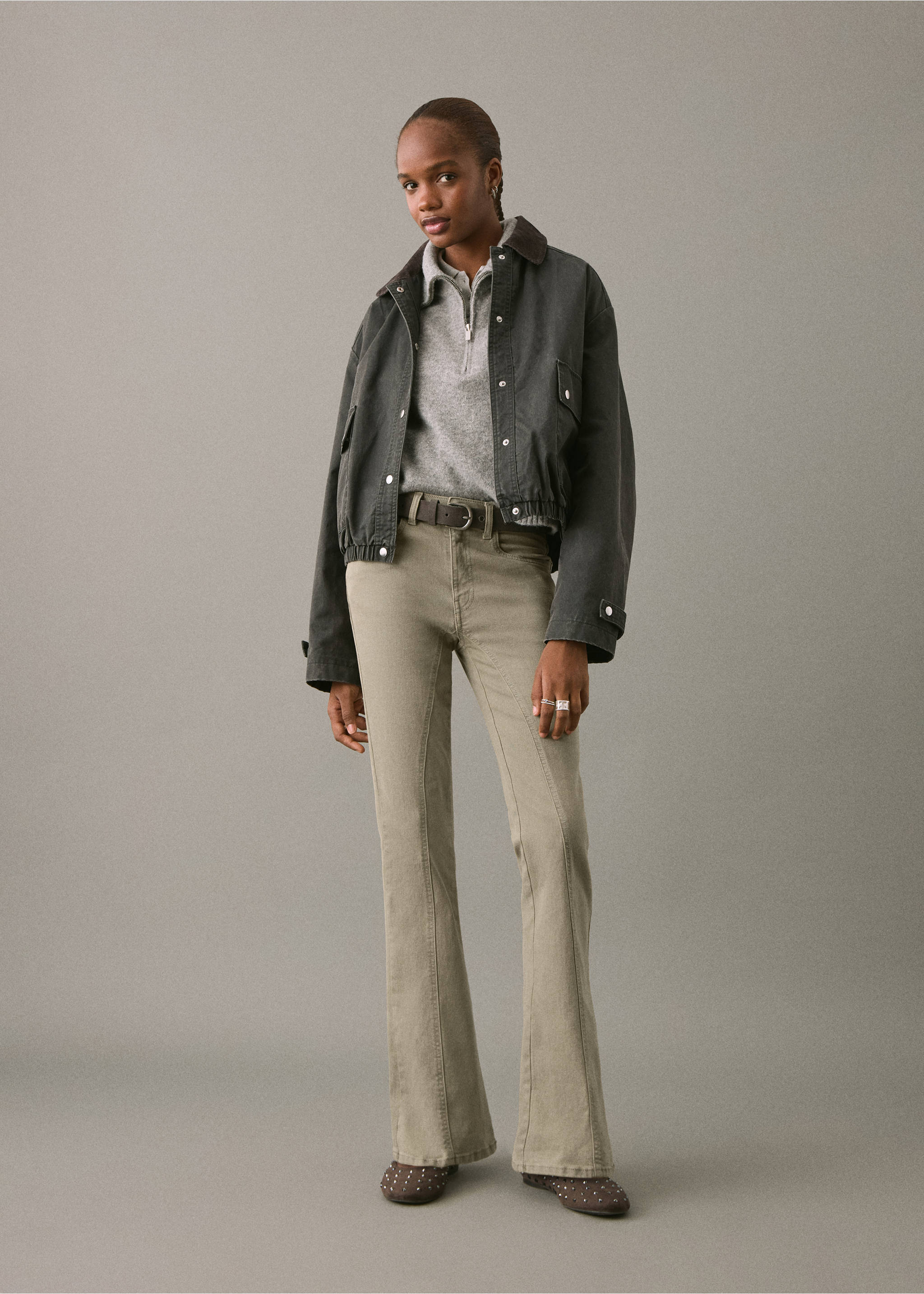 Decorative seam flared jeans - General plane, Khaki. Ref: 17001220-00.