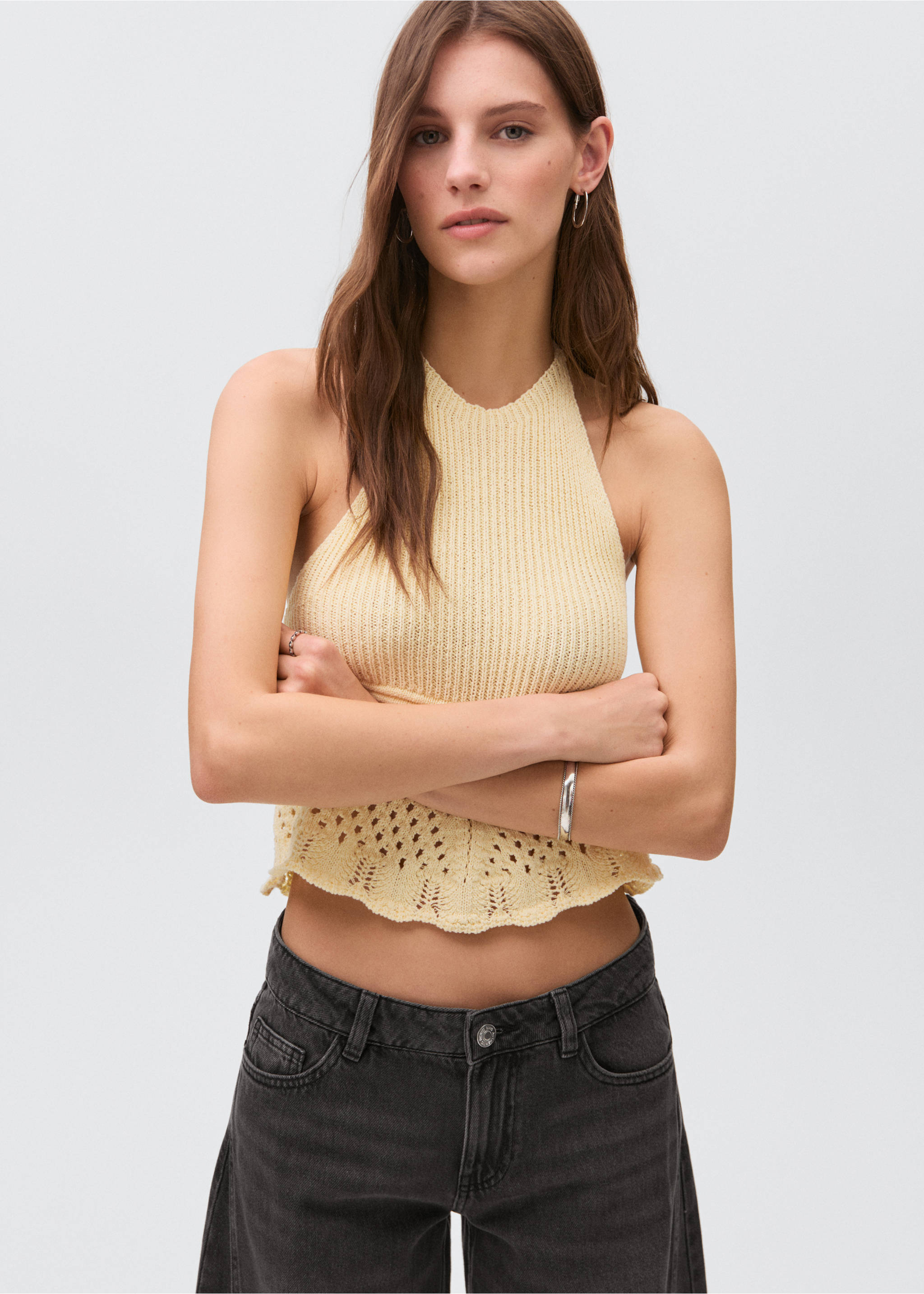 Wide leg jeans with seam detail - Details of the article 1, Black denim. Ref: 17001222-00.