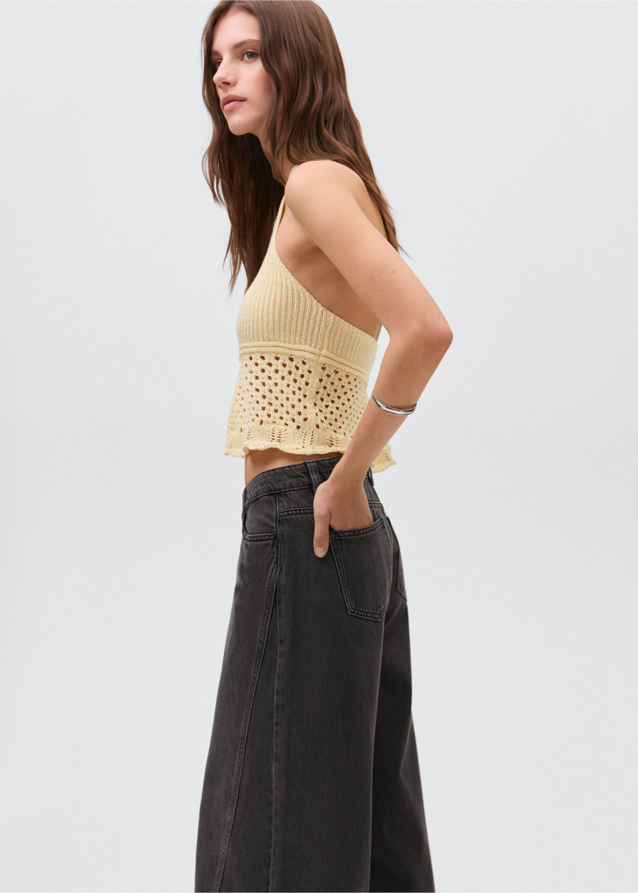 Wide leg jeans with seam detail - Details of the article 2, Black denim. Ref: 17001222-00.