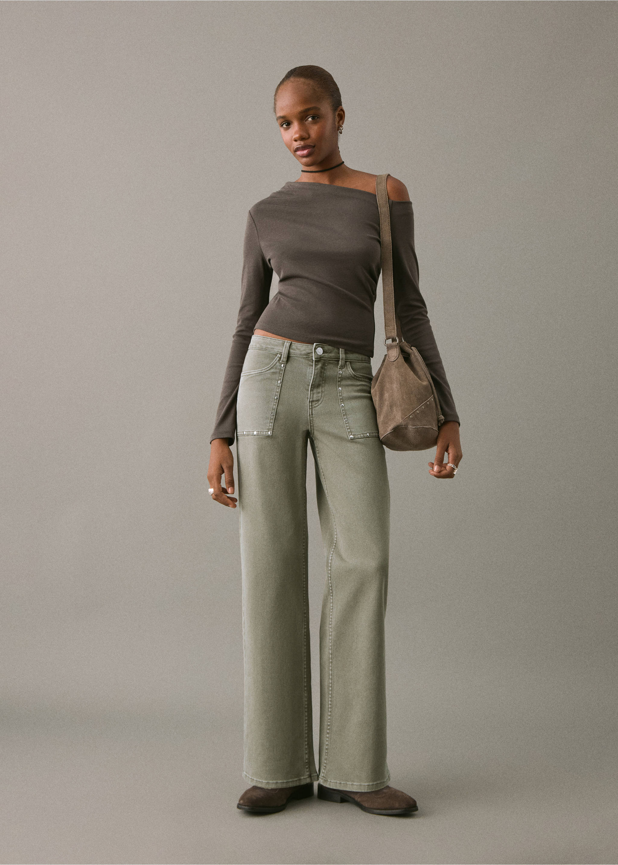 Studded culotte jeans - General plane, Pastel Green. Ref: 17001229-00.