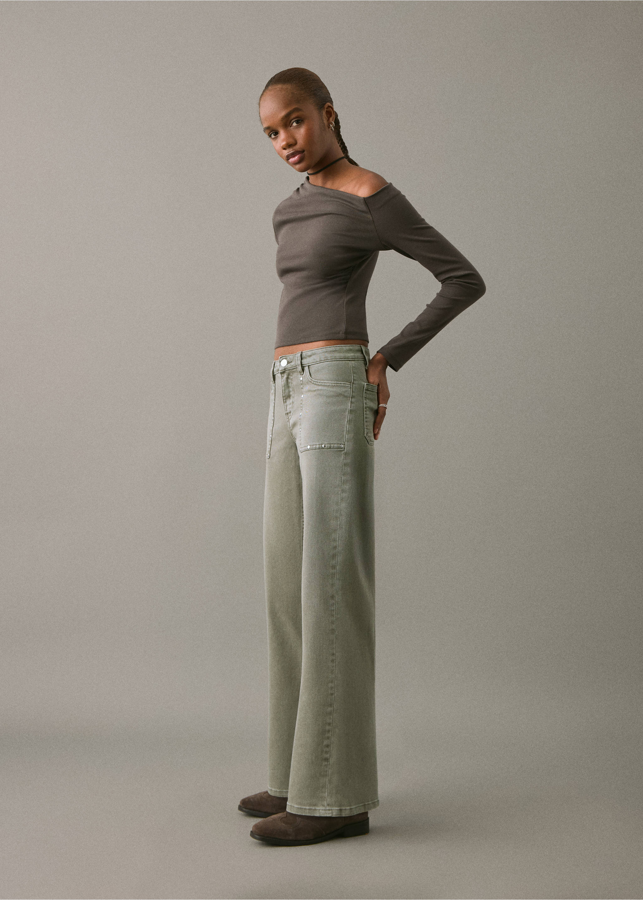 Studded culotte jeans - Details of the article 2, Pastel Green. Ref: 17001229-00.
