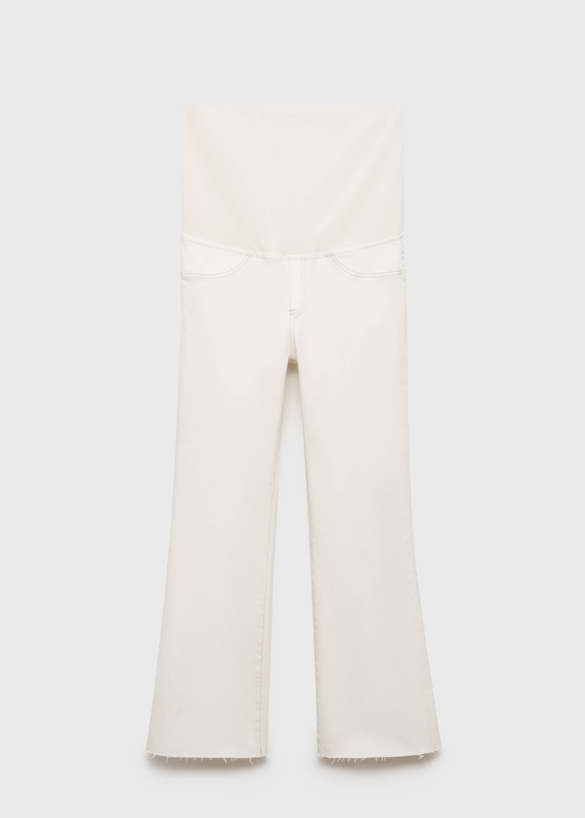 Off-white maternity trousers with a high belly panel and raw hems.