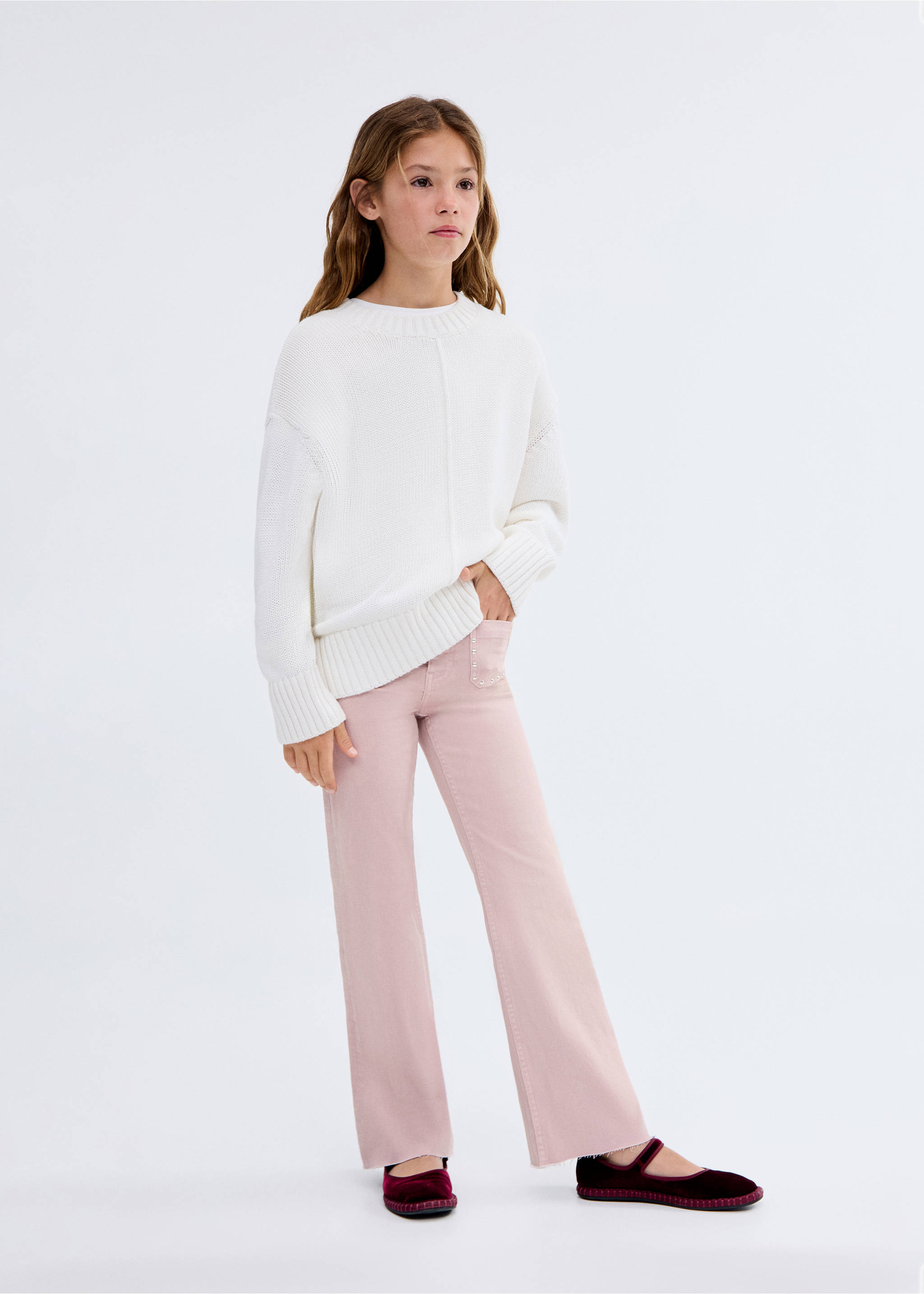 Zvonové džíny se cvočky - Celkový náhled, Světle/pastelově purpurová. Ref: 17001237-00.