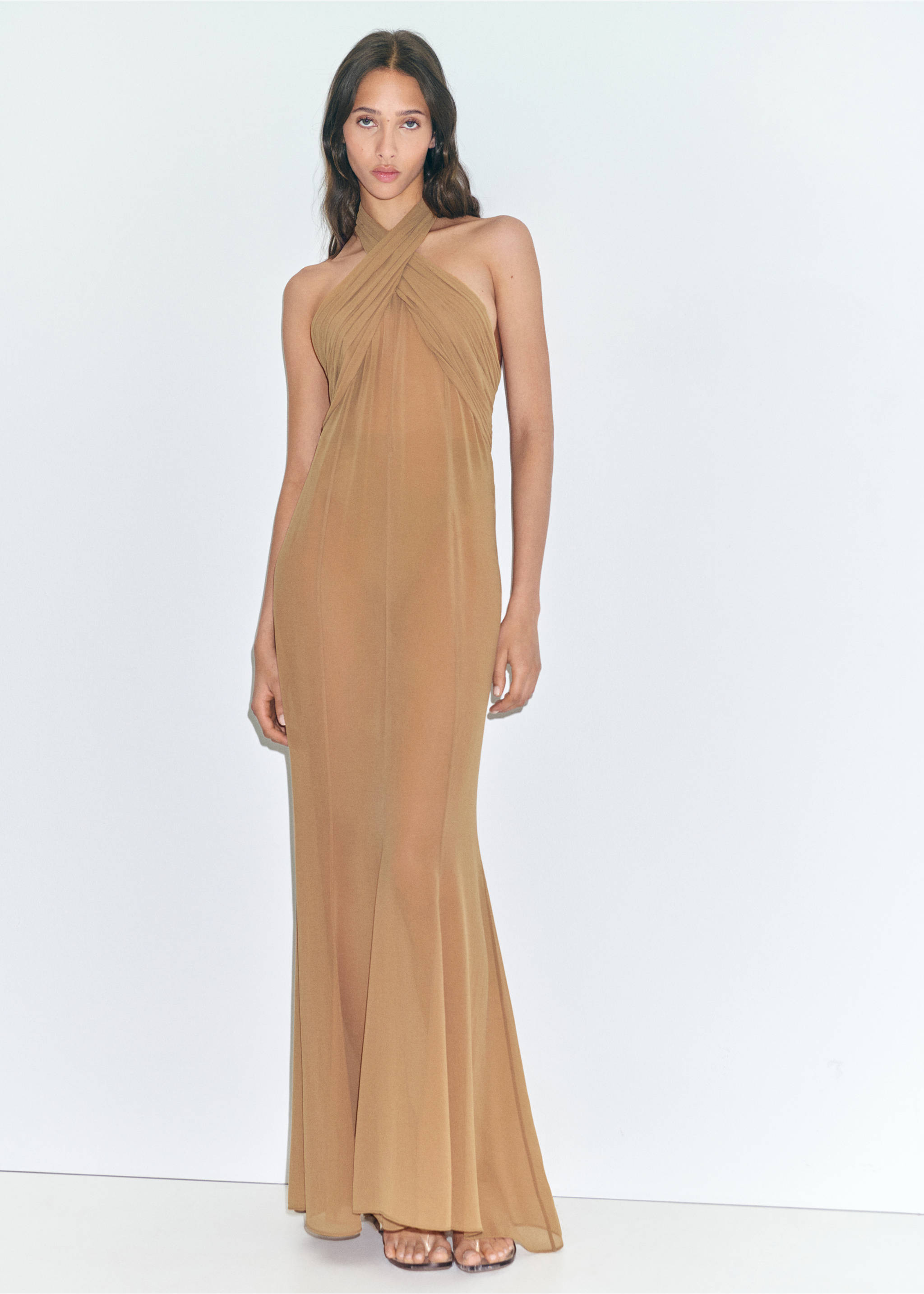 Long semi-transparent dress with crossed neckline - General plane, Nude. Ref: 17001273-00.
