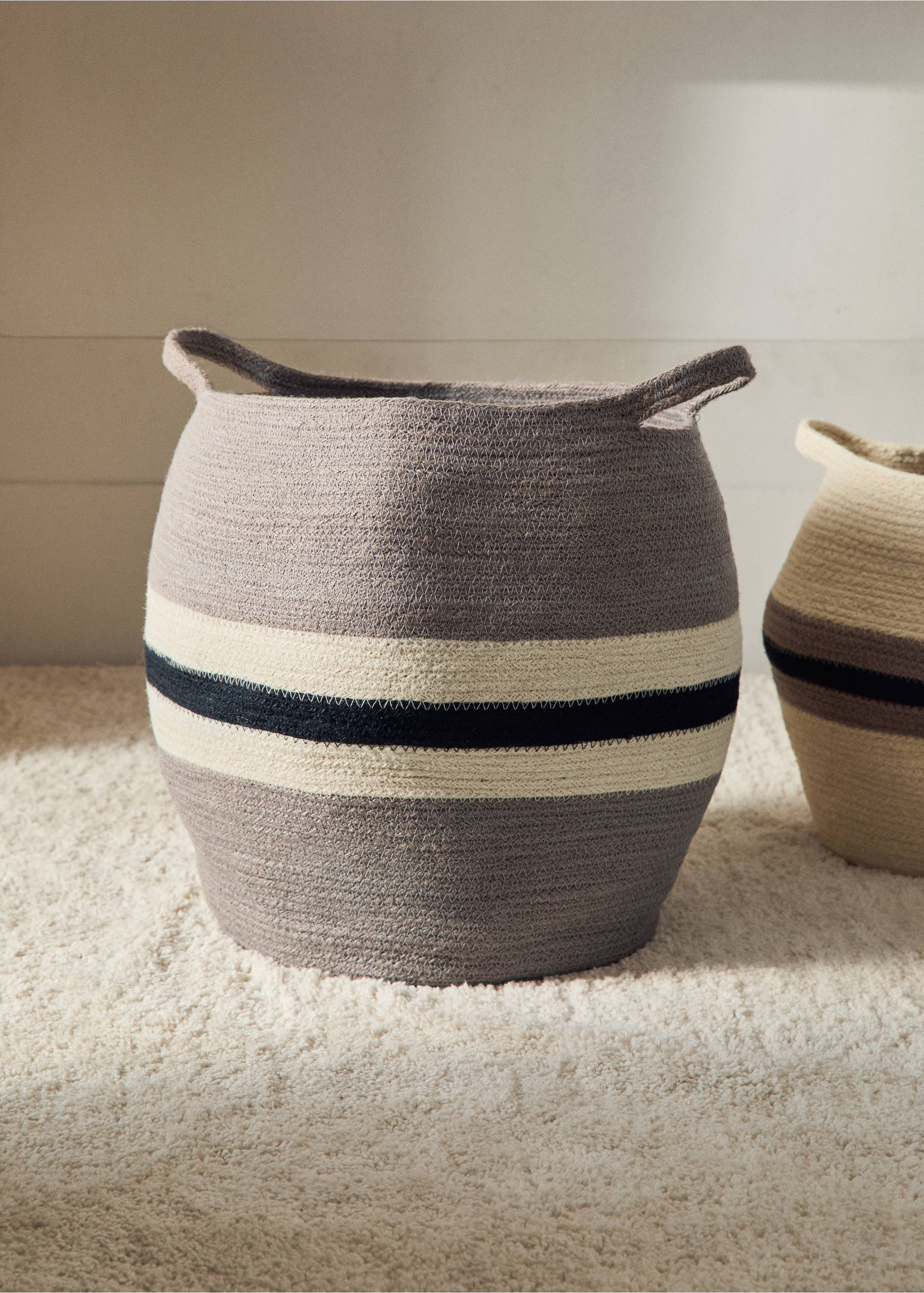 Large jute basket with stripes - General plane, Grey. Ref: 17001536-00.