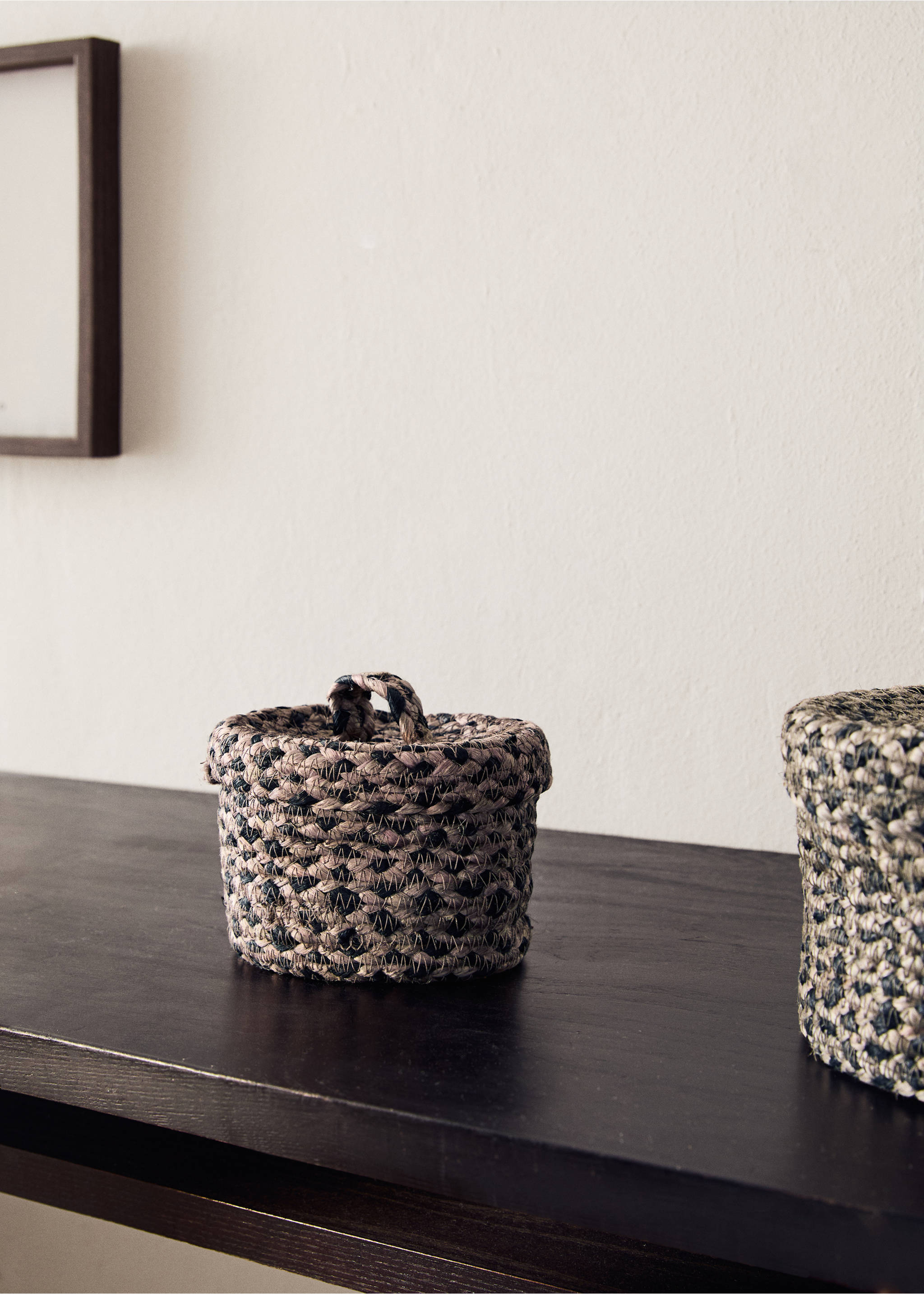 Small melange jute basket with small lid - General plane, Light/Pastel Brown. Ref: 17001541-00.