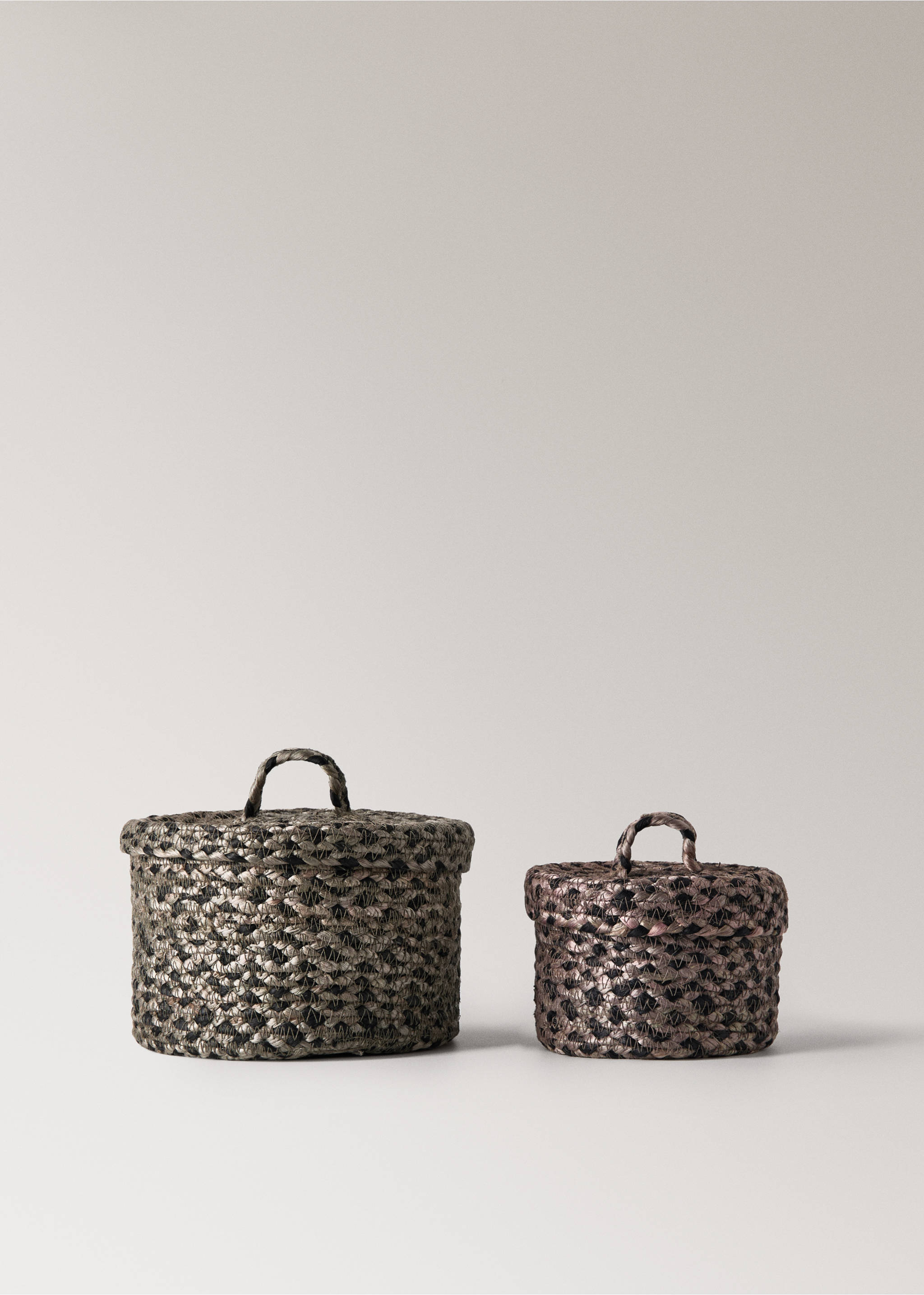 Small melange jute basket with small lid - Details of the article 4, Light/Pastel Brown. Ref: 17001541-00.