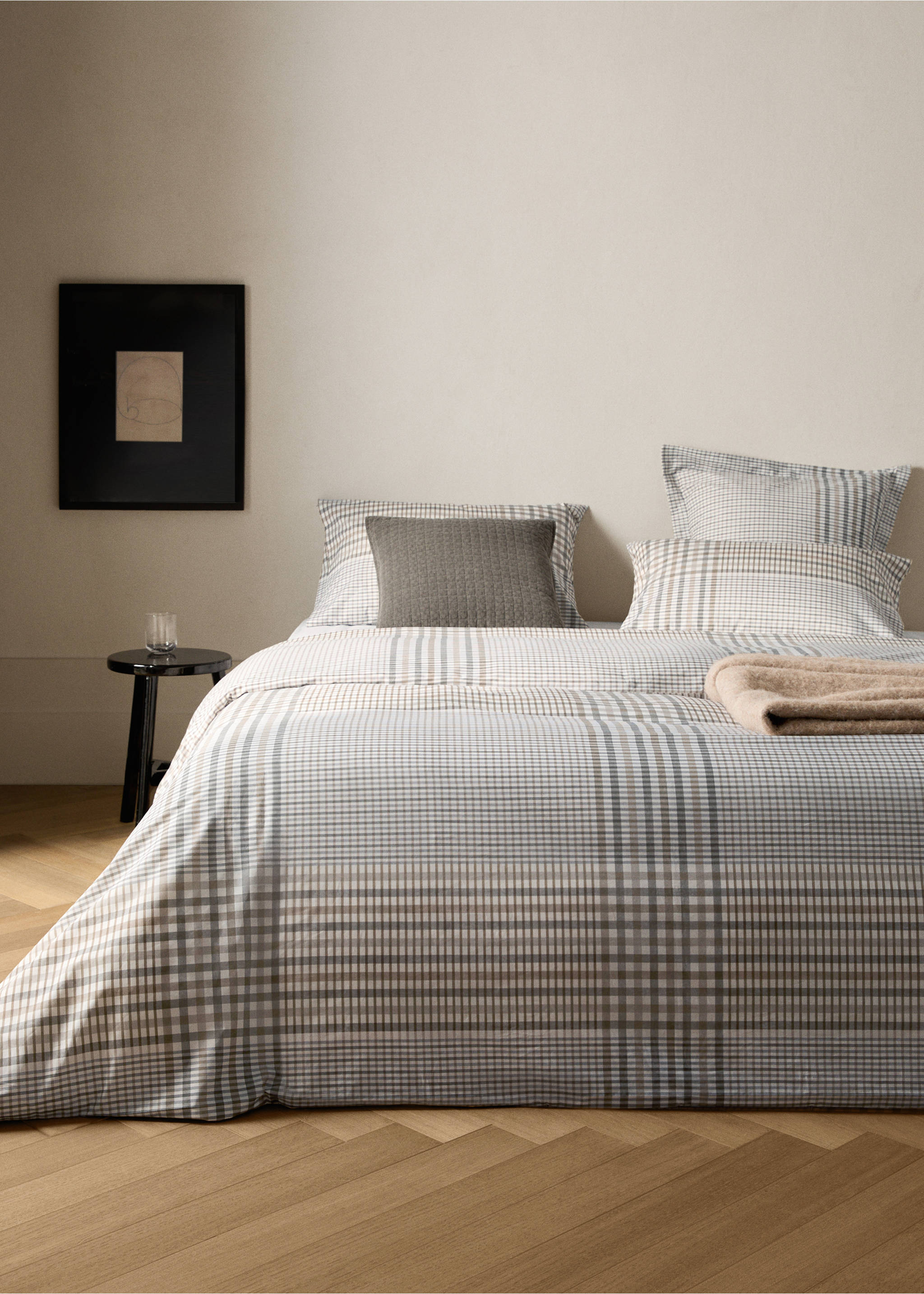 200-thread count percale cotton check-print duvet cover for 150/160 cm bed - General plane, Medium Brown. Ref: 17001592-00.