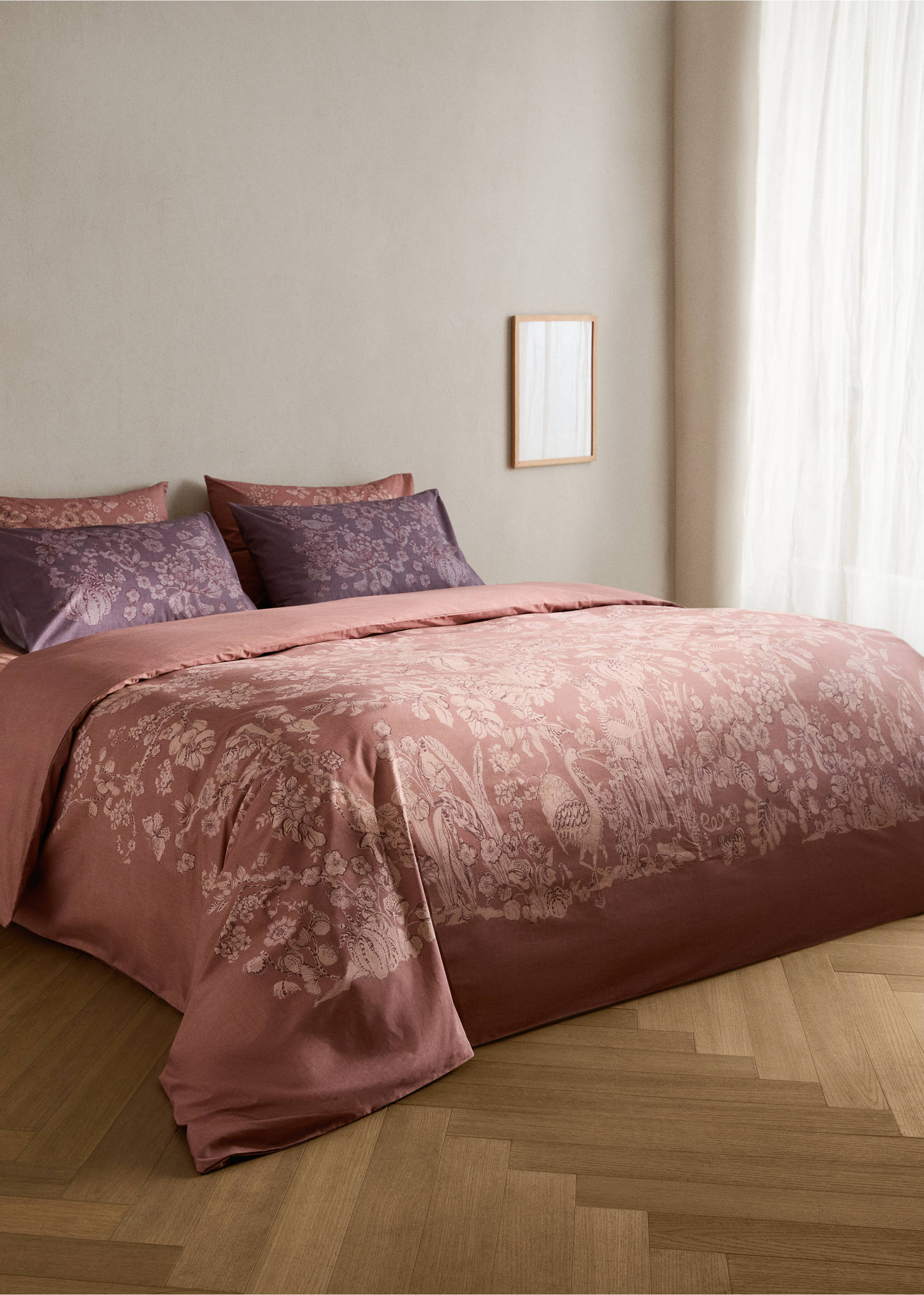 Percale cotton floral-print duvet cover for 90 cm bed - General plane, Medium Brown. Ref: 17001622-00.
