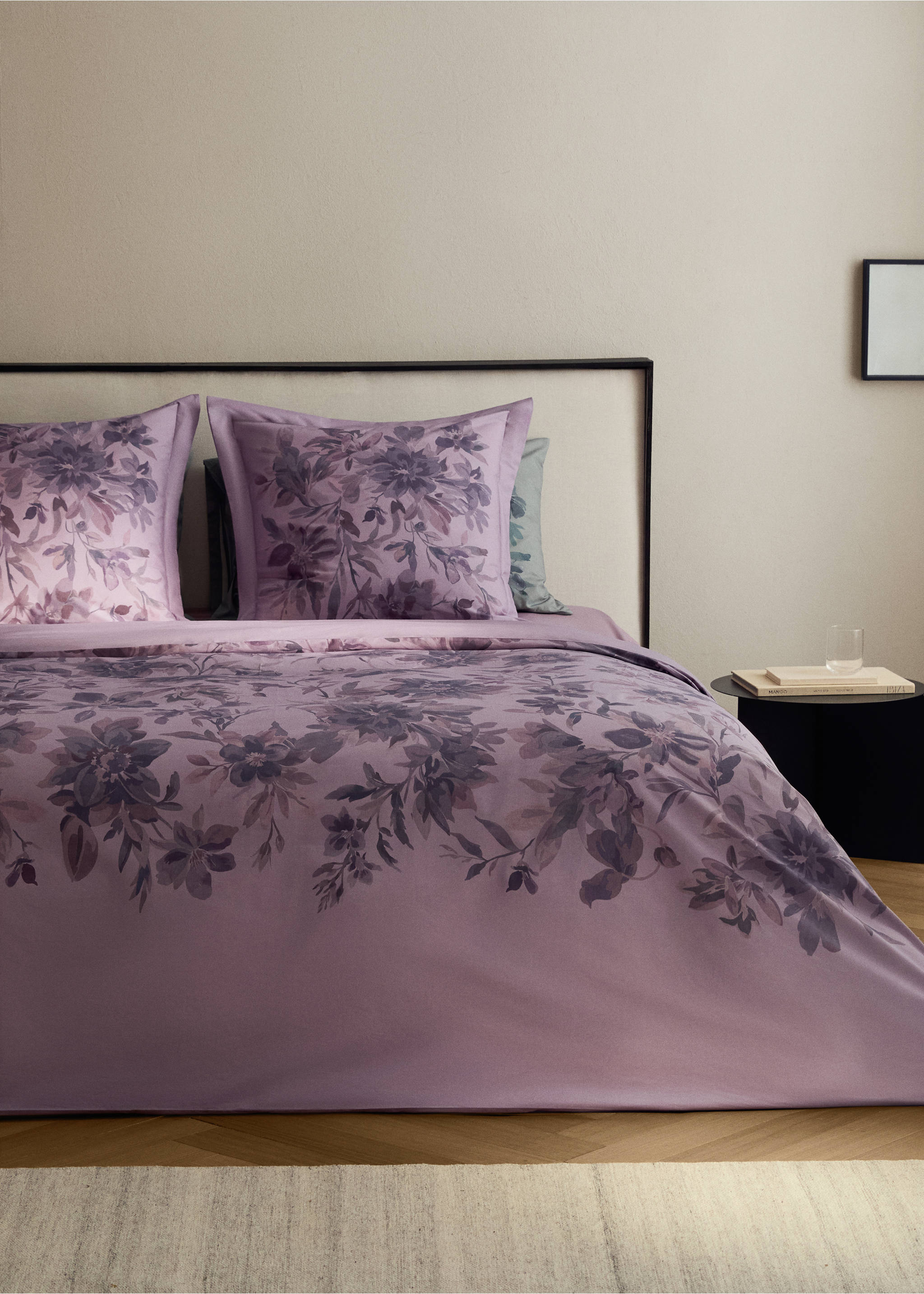 Percale cotton watercolour floral-print duvet cover for 150/160 cm bed - General plane, Plum. Ref: 17001636-00.