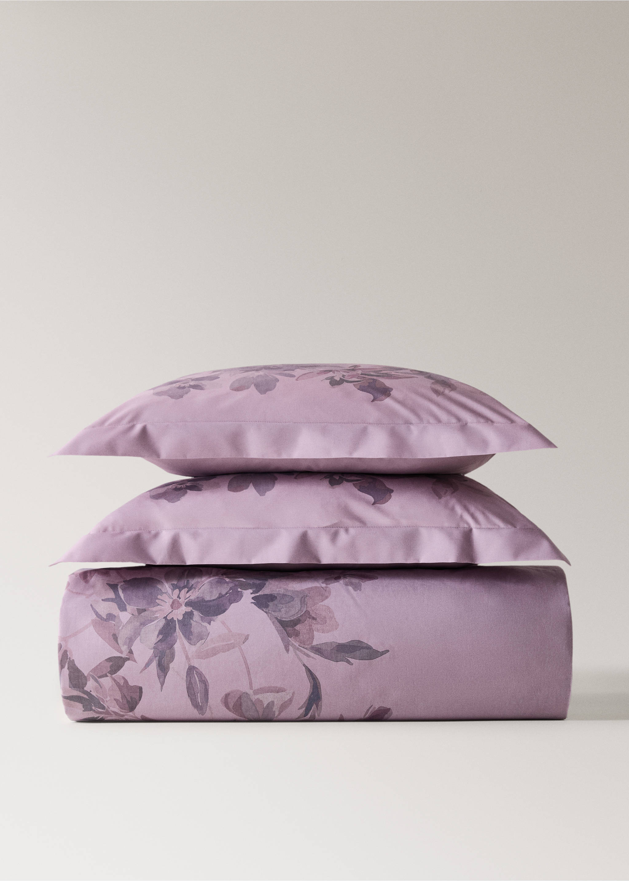 Percale cotton watercolour floral-print duvet cover for 150/160 cm bed - Article without model, Plum. Ref: 17001636-00.