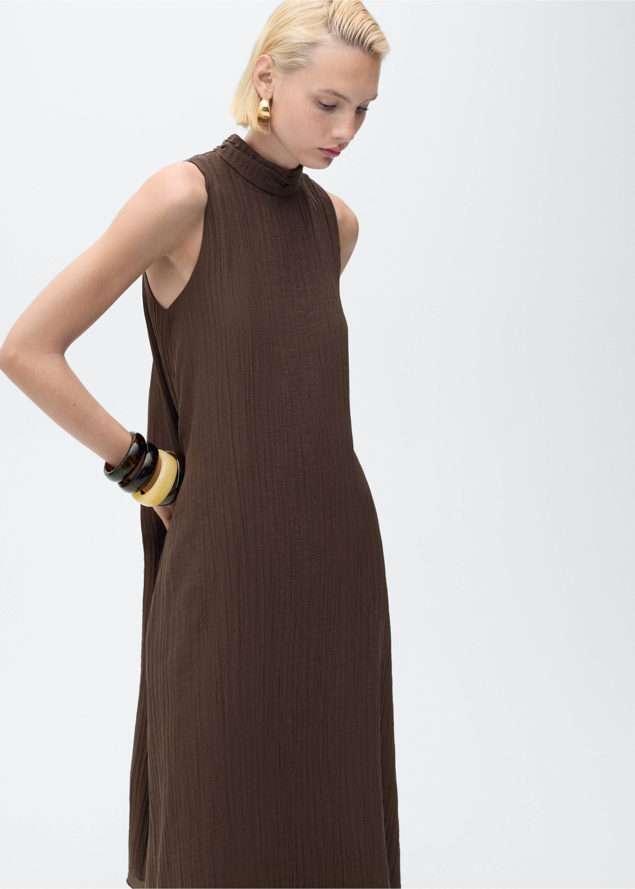 Halter-neck lyocell dress - Medium plane, Chocolate. Ref: 17002540-00.