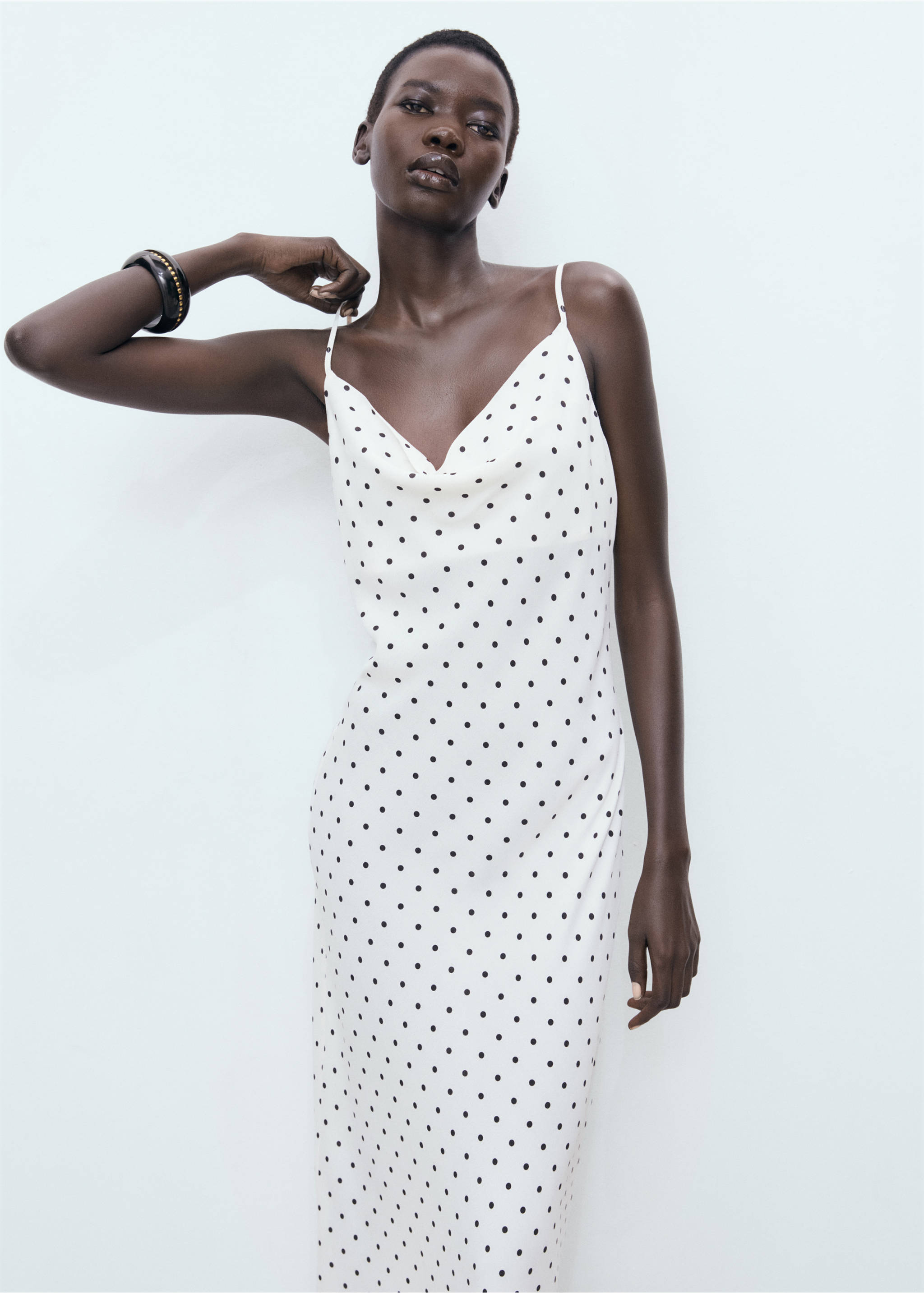 Midi-dress with draped neckline - Medium plane, Off White. Ref: 17002542-00.