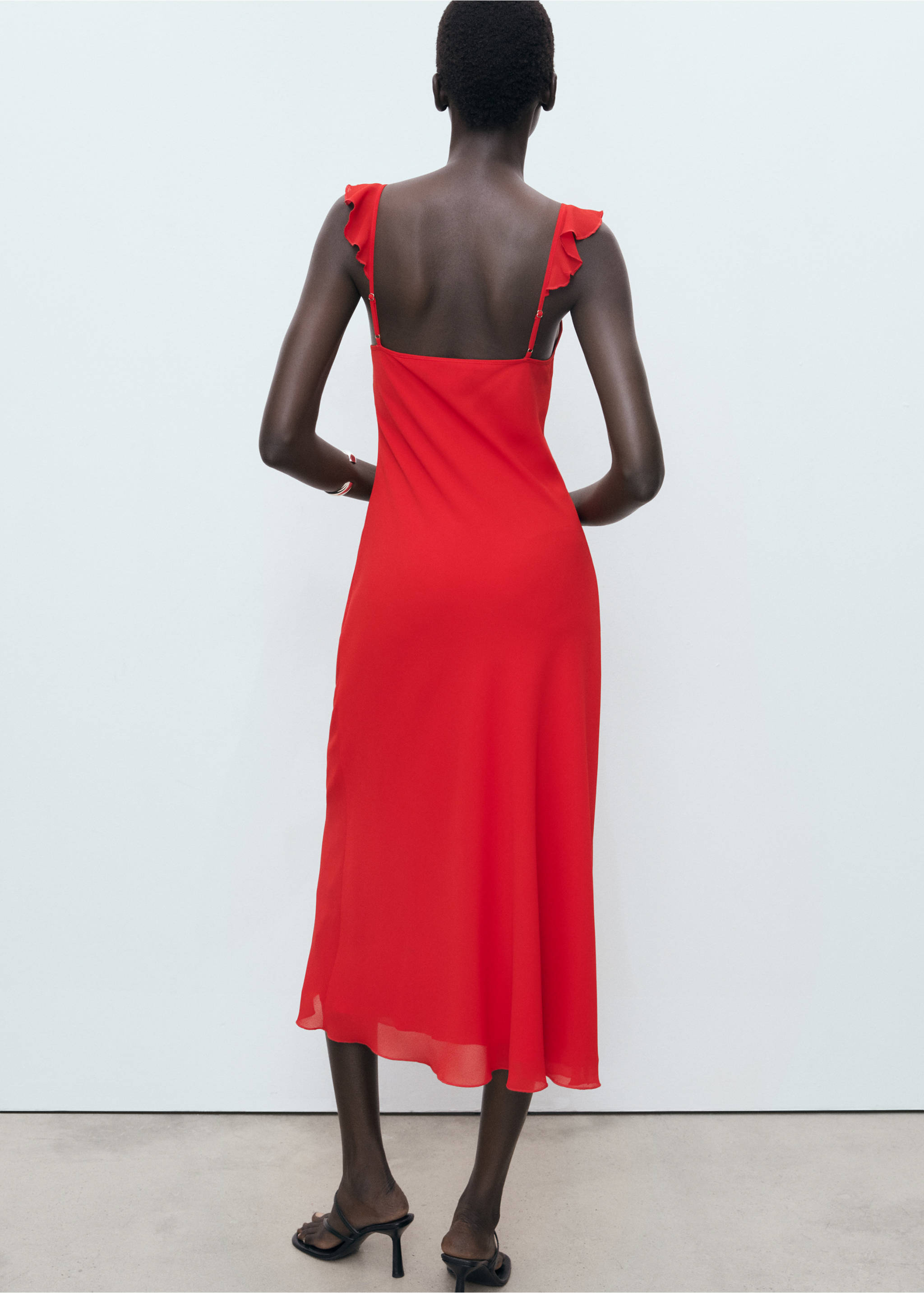 Midi-dress with ruffle neckline - Reverse of the article, Red. Ref: 17002545-00.