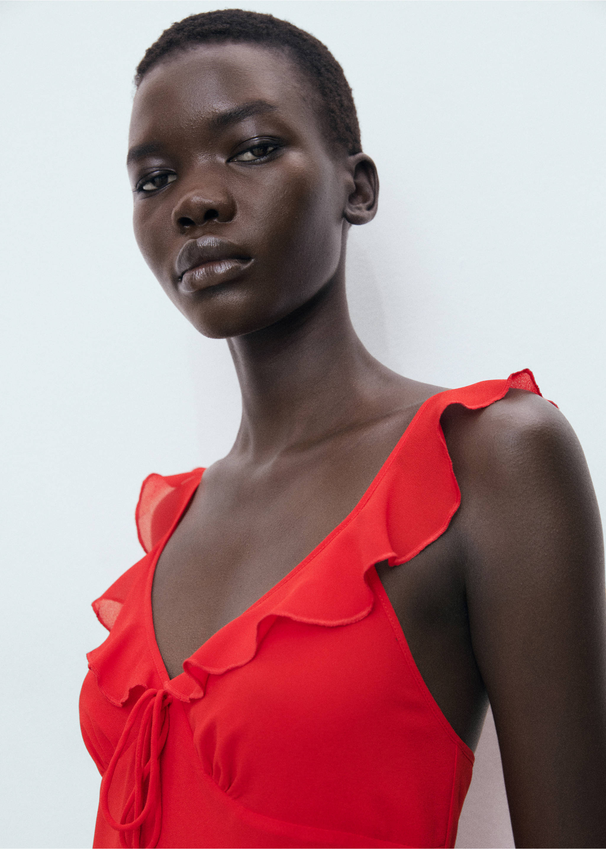 Midi-dress with ruffle neckline - Details of the article 1, Red. Ref: 17002545-00.