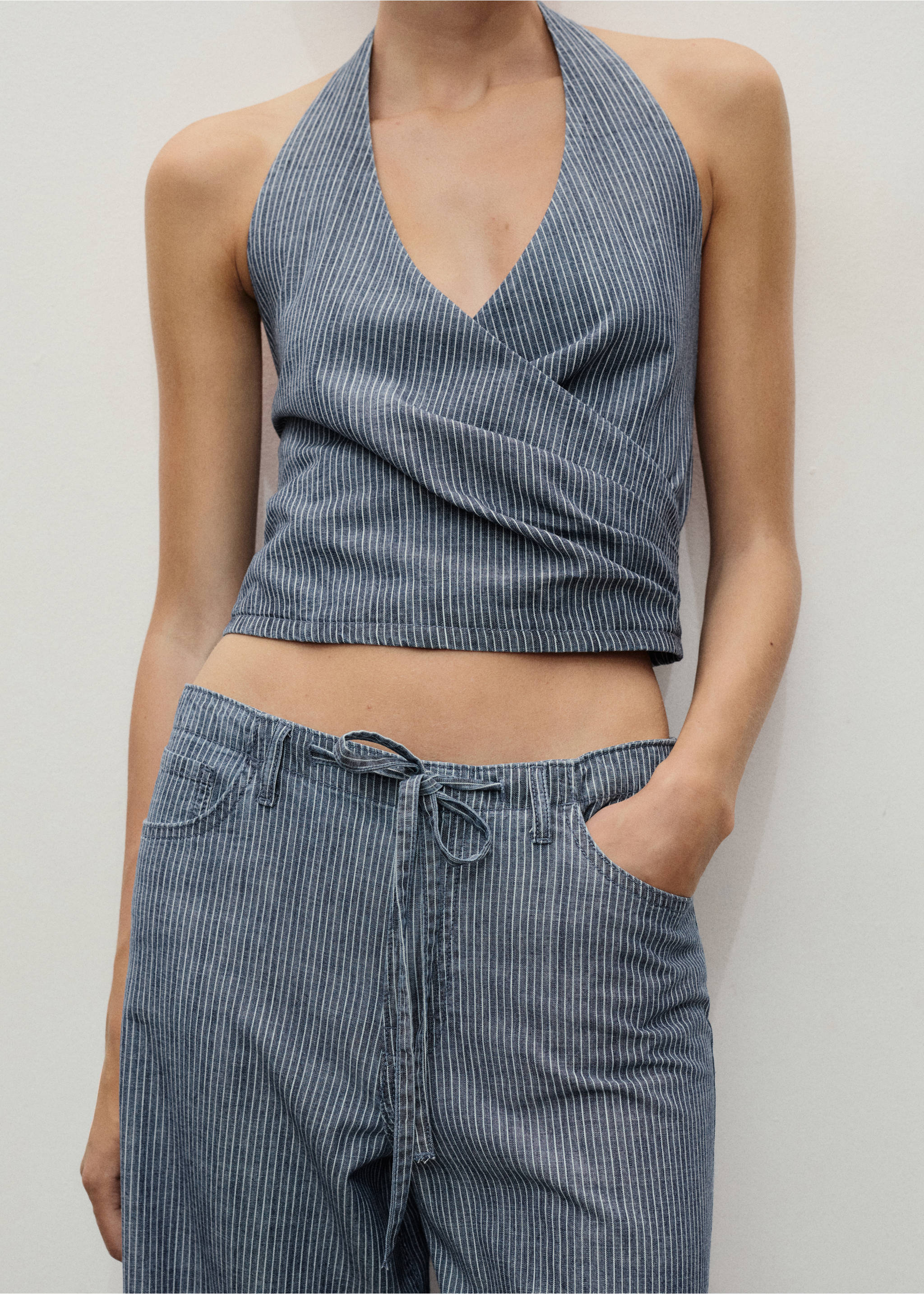 Striped crossover denim top - Details of the article 3, Blue. Ref: 17002903-00.