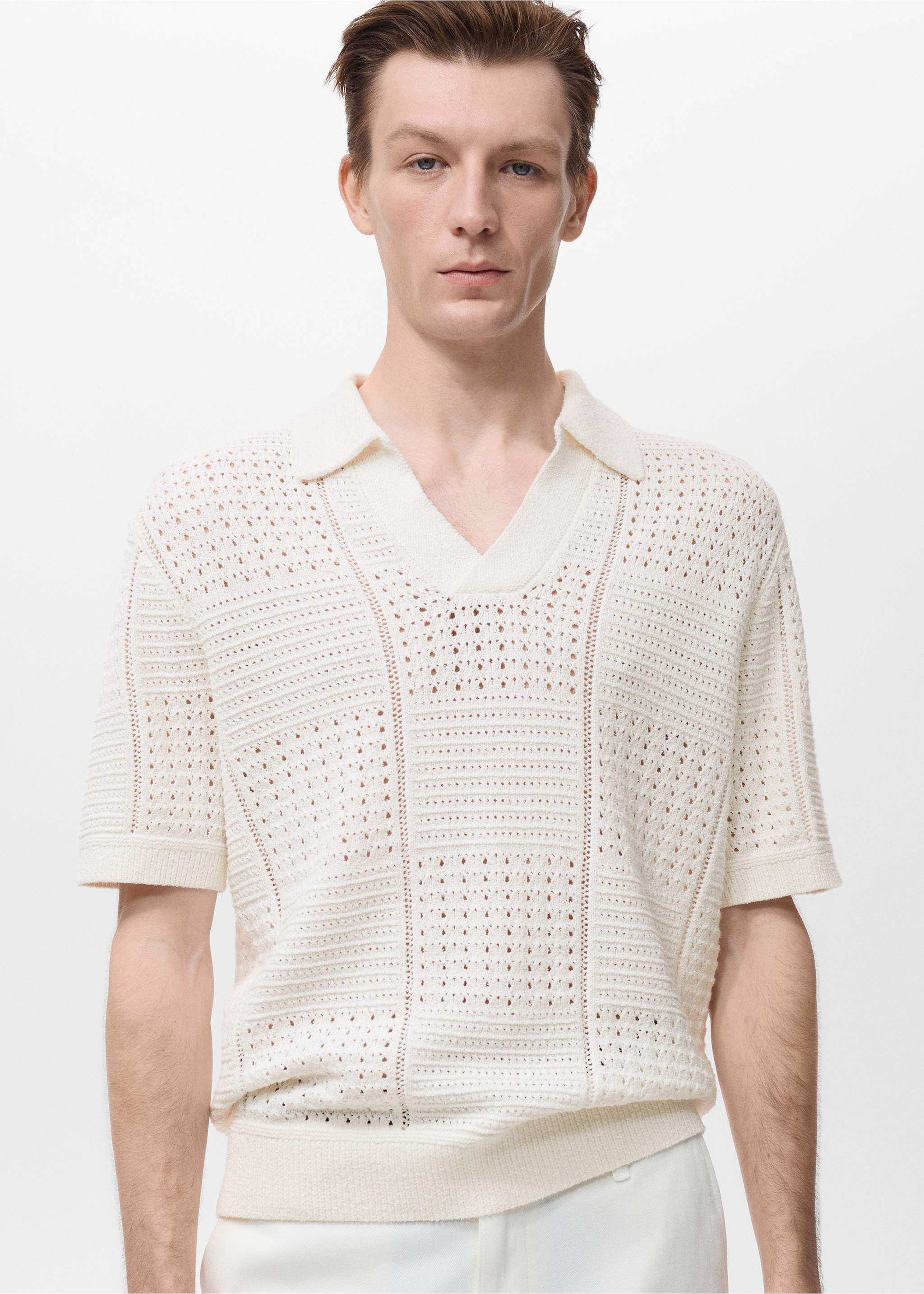 Openwork knitted cotton polo shirt - Medium plane, Off White. Ref: 17002907-00.
