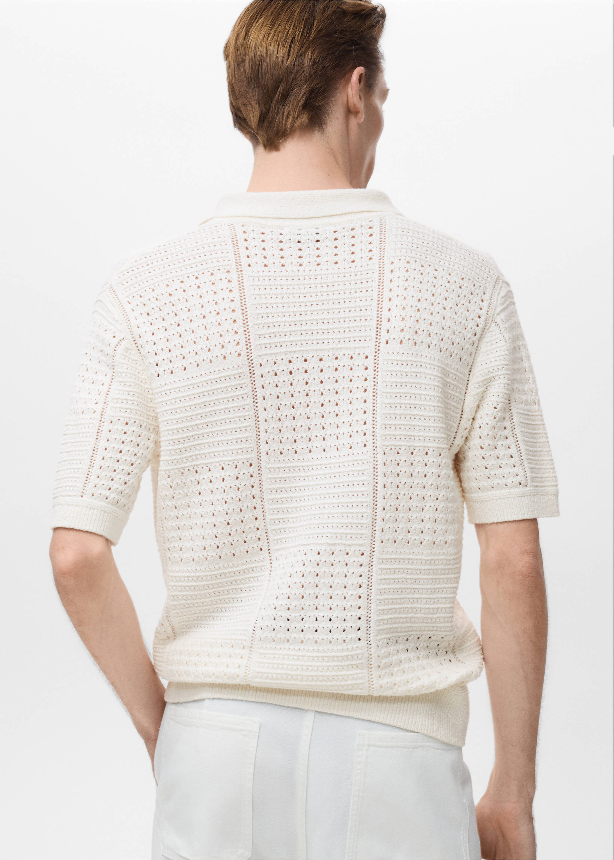 Openwork knitted cotton polo shirt - Reverse of the article, Off White. Ref: 17002907-00.