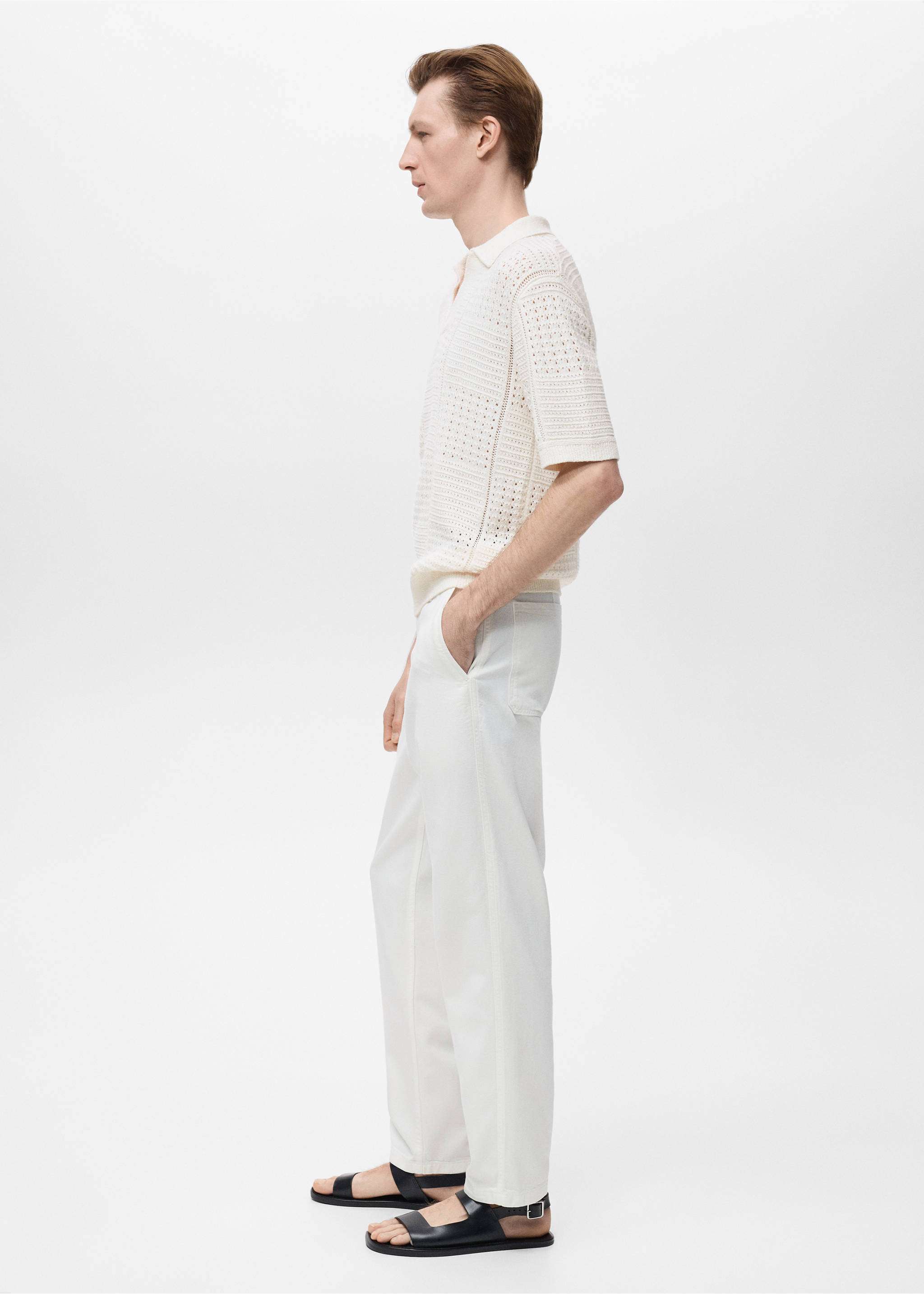 Openwork knitted cotton polo shirt - Details of the article 2, Off White. Ref: 17002907-00.