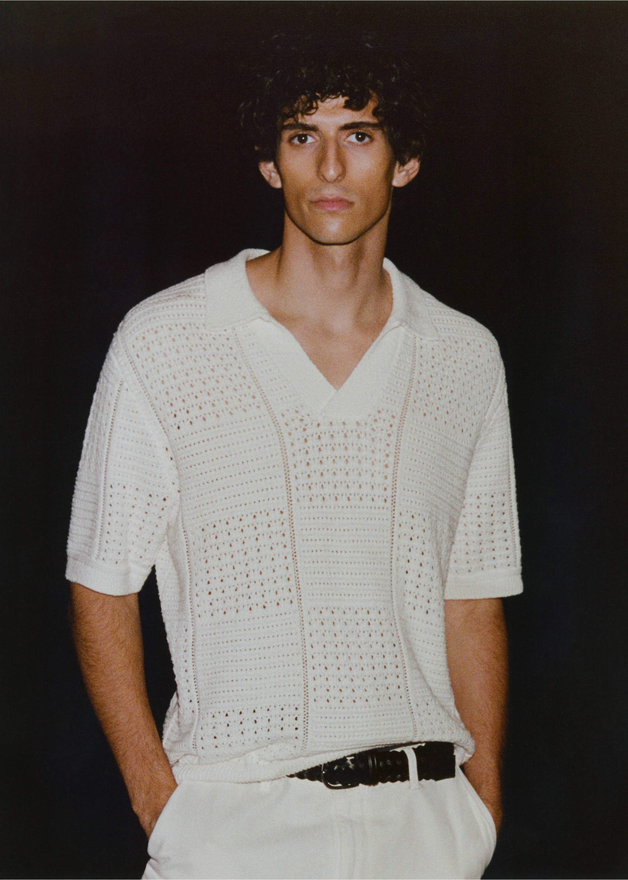 Openwork knitted cotton polo shirt - Details of the article 3, Off White. Ref: 17002907-00.