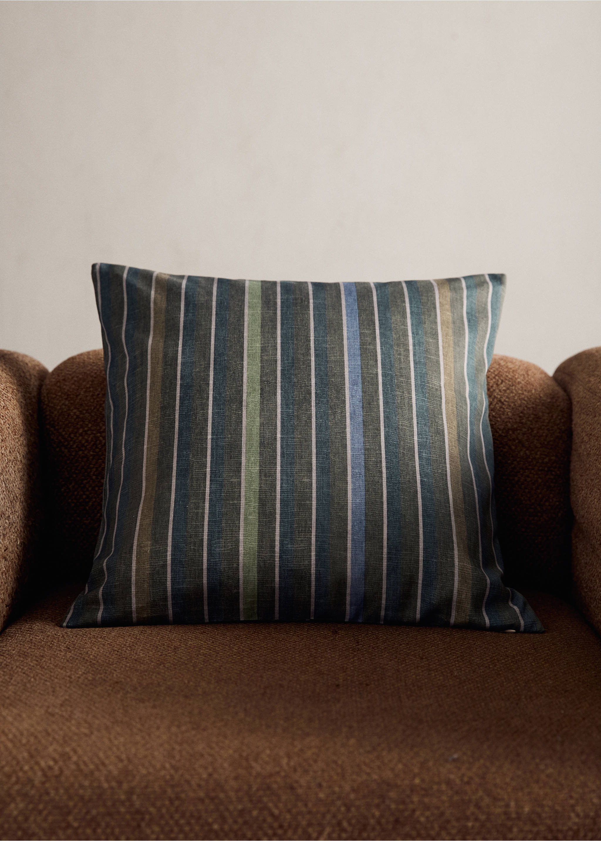 Striped cushion cover in blue, green, and neutral tones., Ink Blue. Ref: 17003354-00.