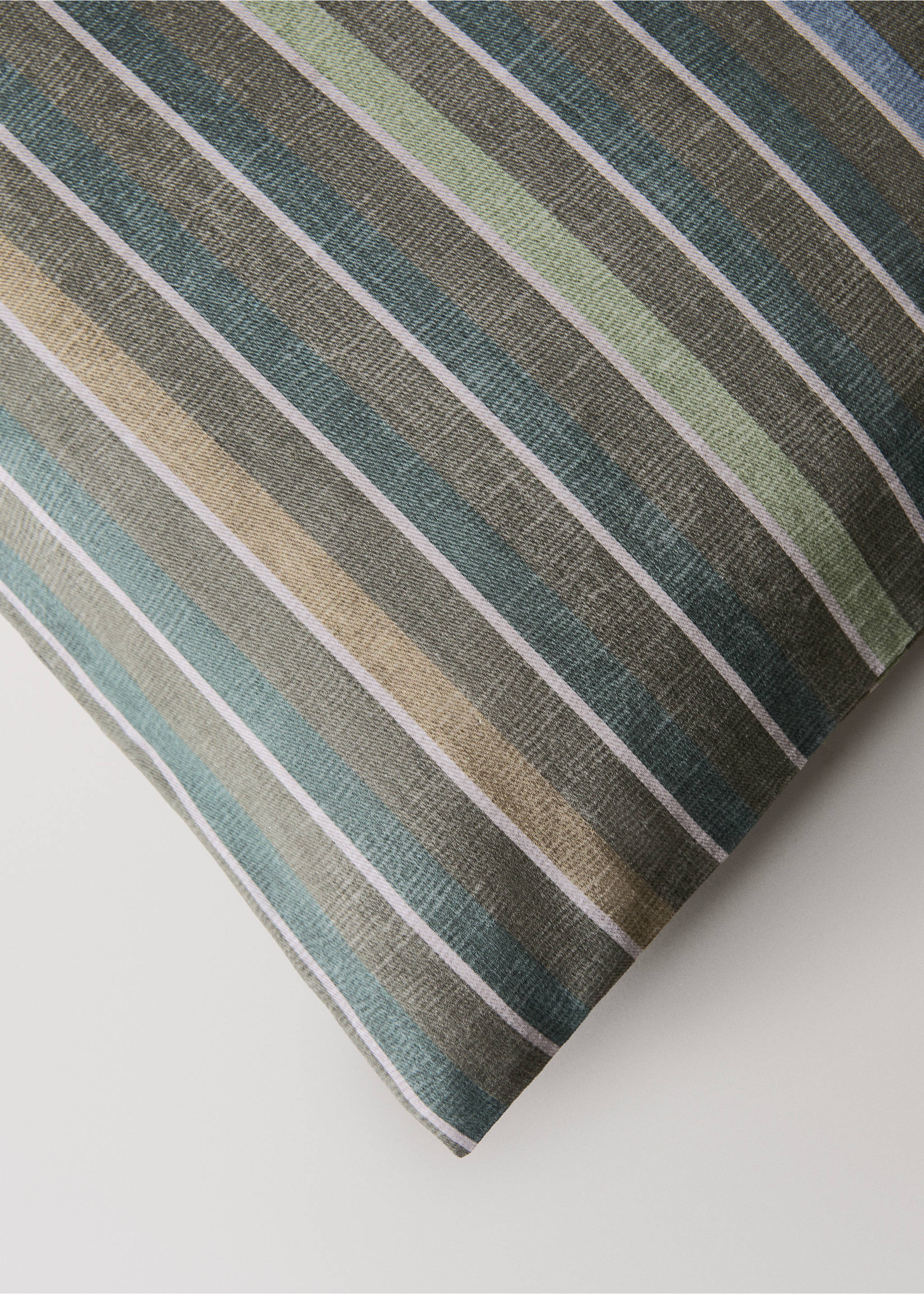 Close-up of a multicoloured striped cushion cover in earthy tones., Ink Blue. Ref: 17003354-00.