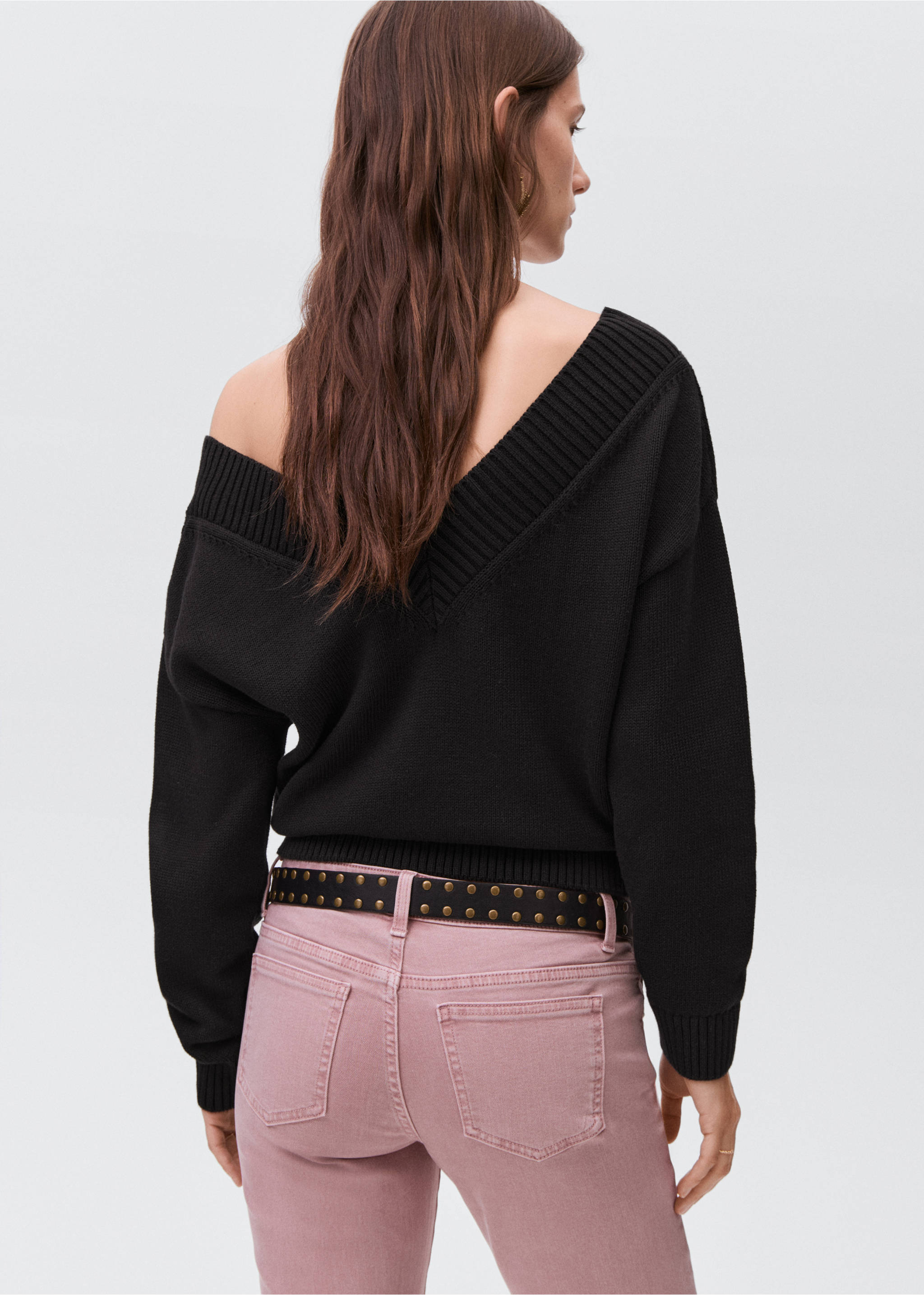 Pull-over maille col en V - Verso de l’article, Noir. Ref: 17004086-00.