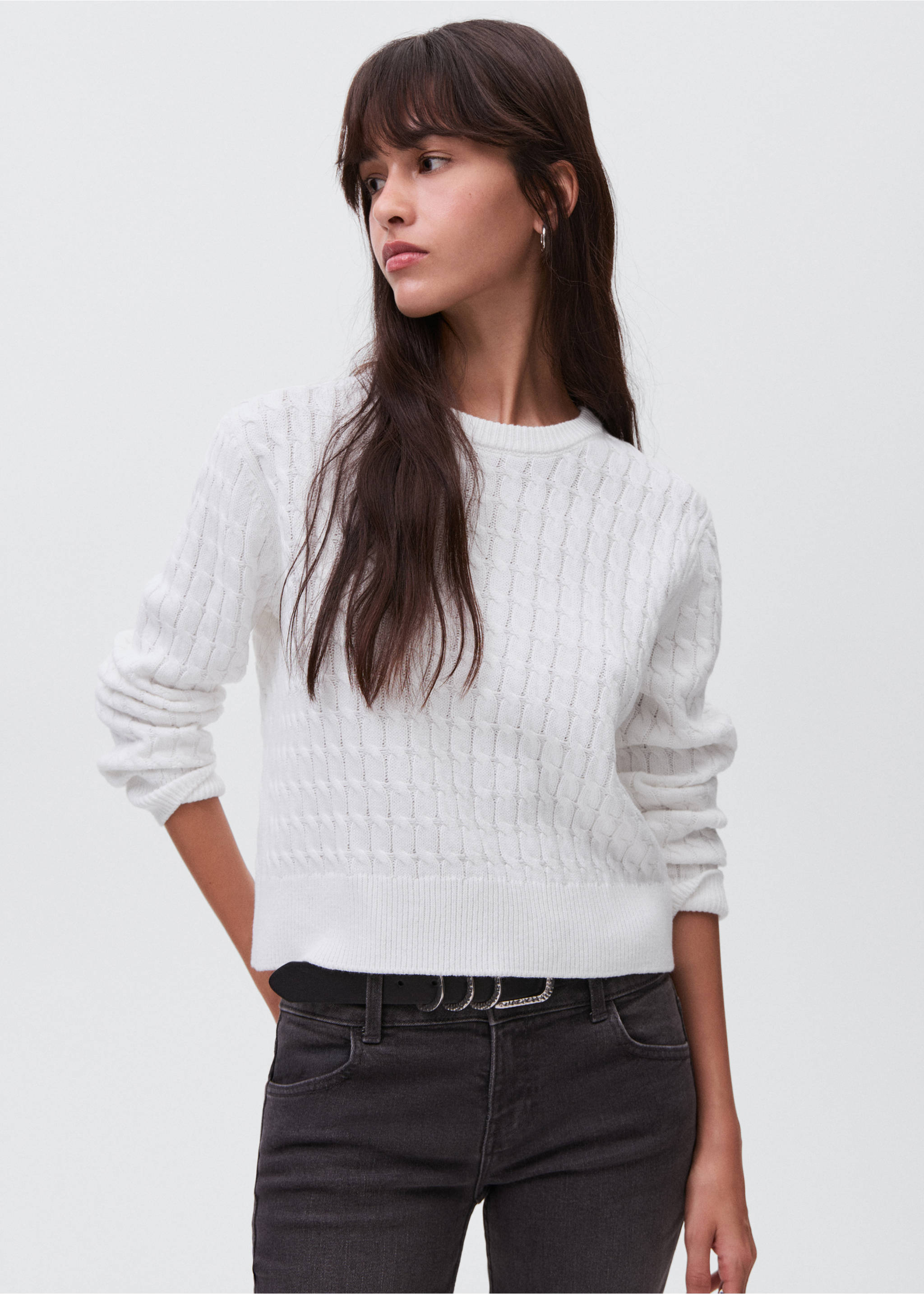 Braided knitted sweater - Medium plane, White. Ref: 17004089-00.