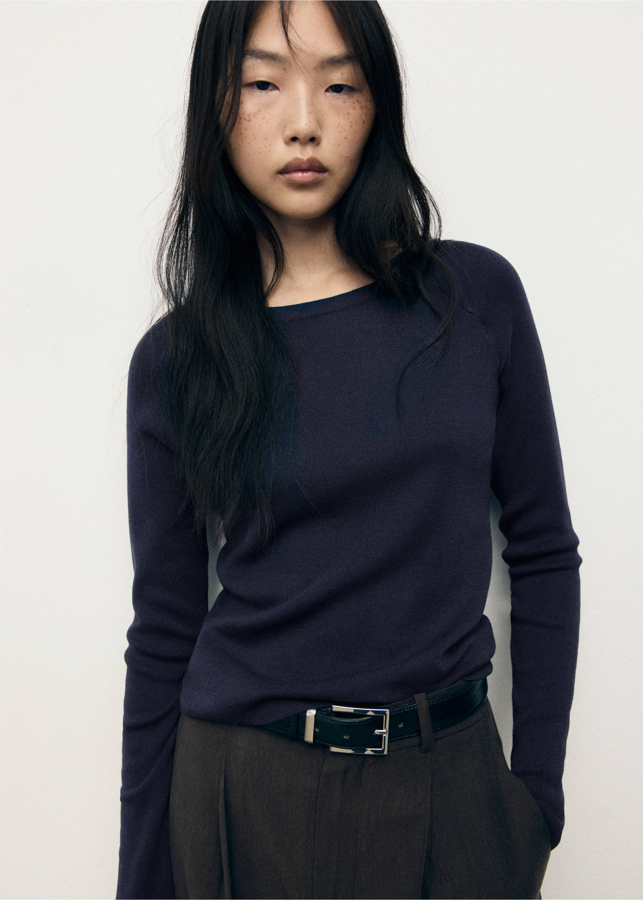 Long-sleeved fine-knit sweater - Medium plane, Dark Navy. Ref: 17004106-00.