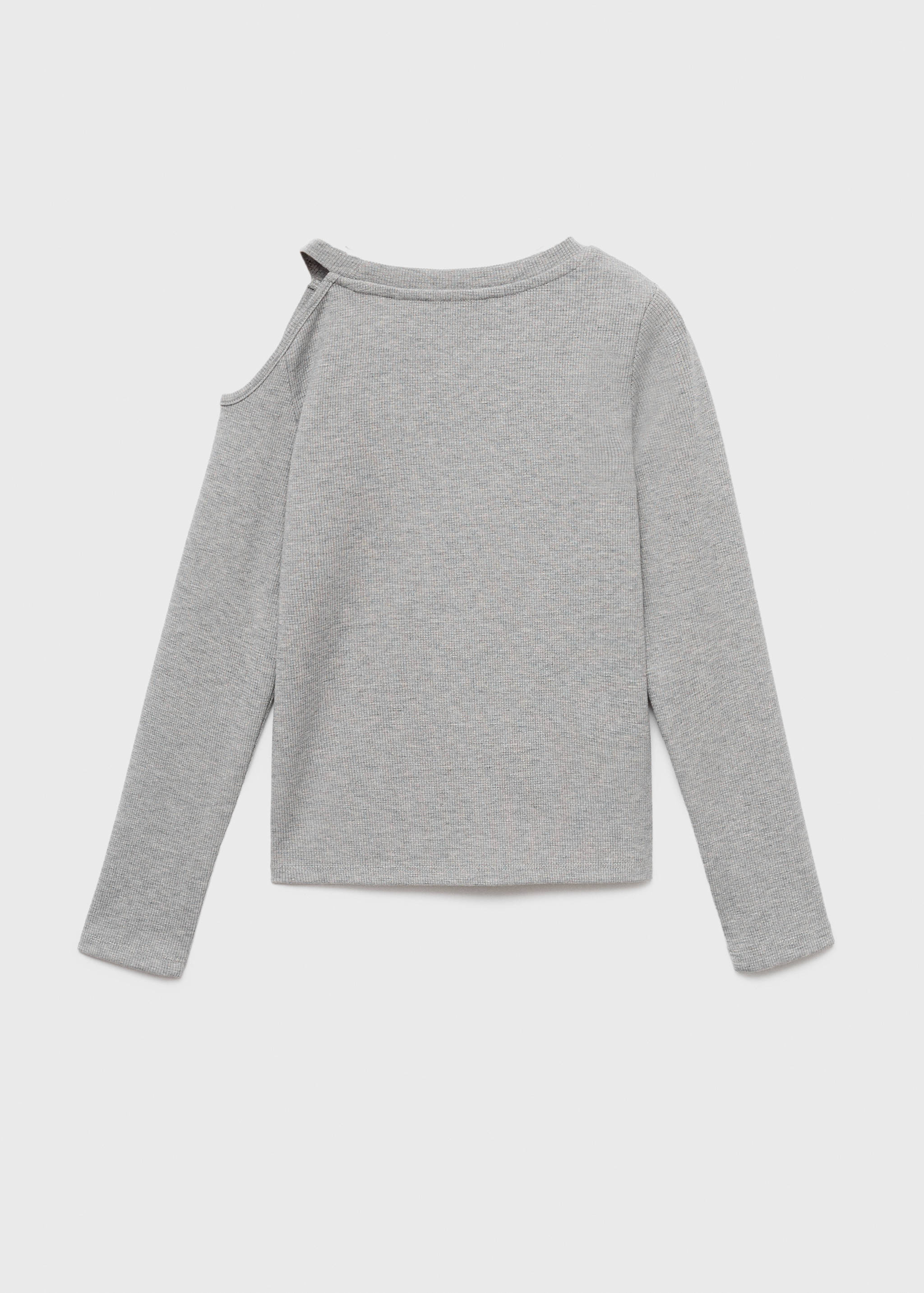 Grey ribbed long-sleeved t-shirt with back shoulder cut-out, back view.