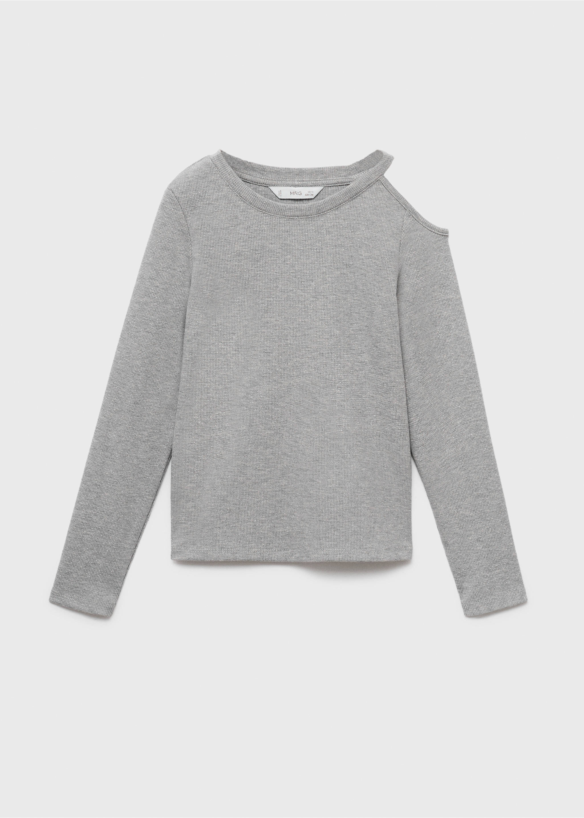 Grey ribbed kids' long-sleeve t-shirt with an asymmetric shoulder cutout., Medium Heather Grey. Ref: 17004435-00.