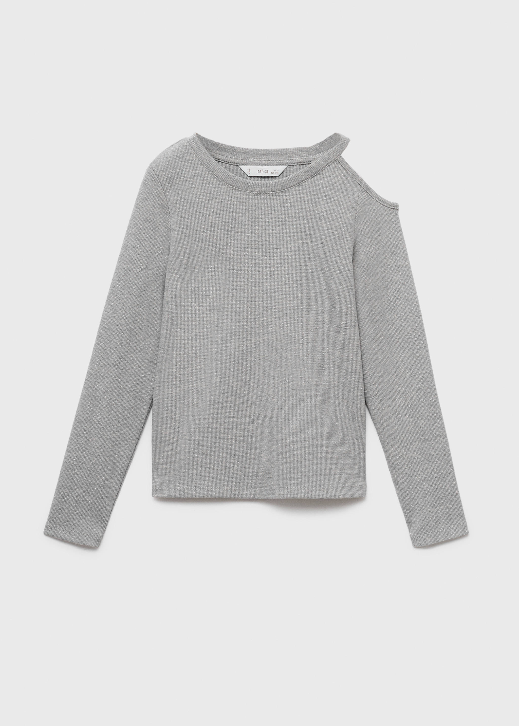 Grey ribbed kids' long-sleeve t-shirt with an asymmetric shoulder cutout.