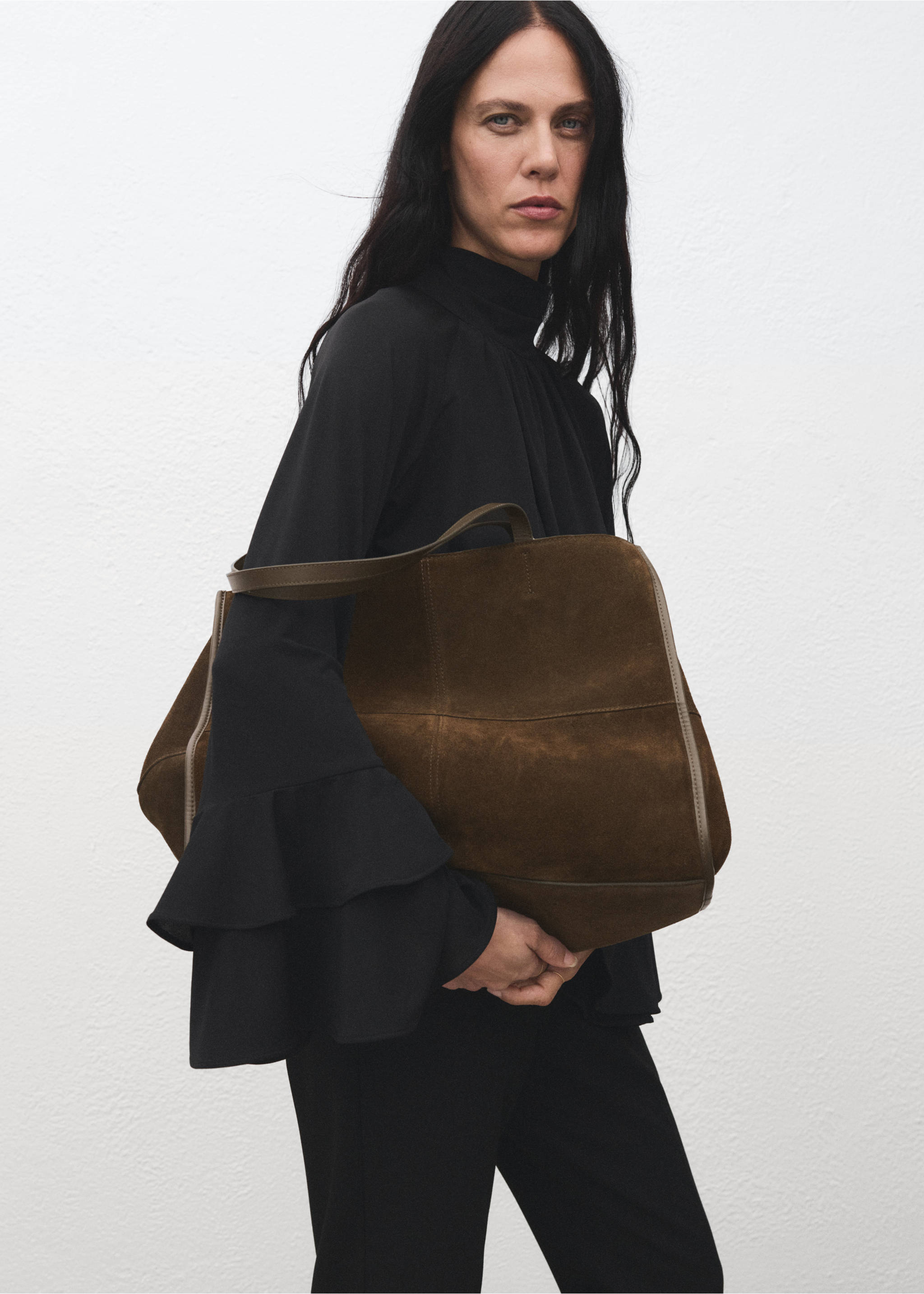Suede leather shopper bag - Details of the article 9, Khaki. Ref: 17004446-00.