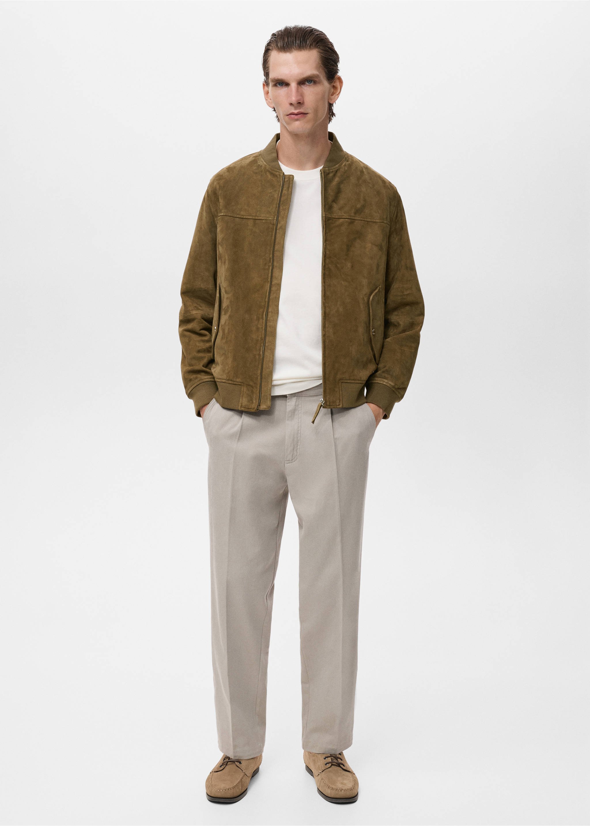 Blouson bomber cuir daim - Plan général, Kaki. Ref: 17005141-00.