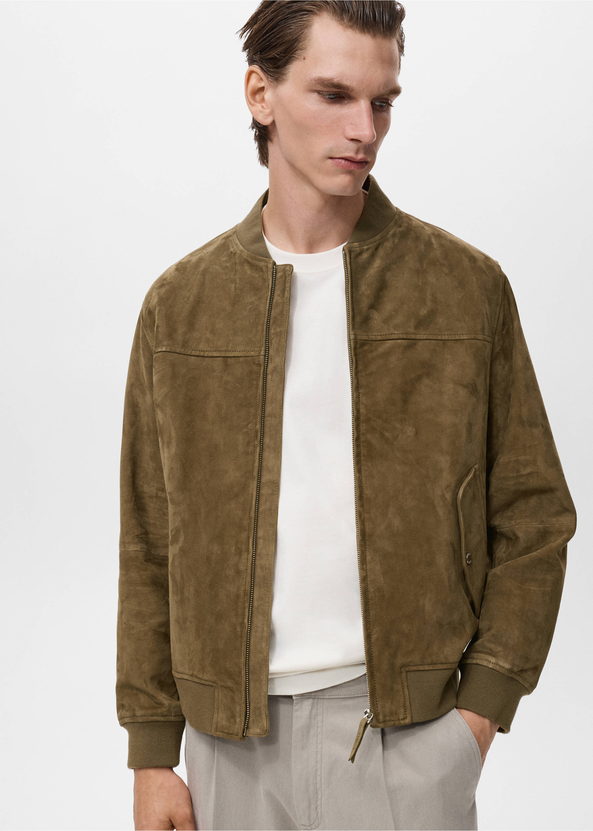 Blouson bomber cuir daim - Plan moyen, Kaki. Ref: 17005141-00.