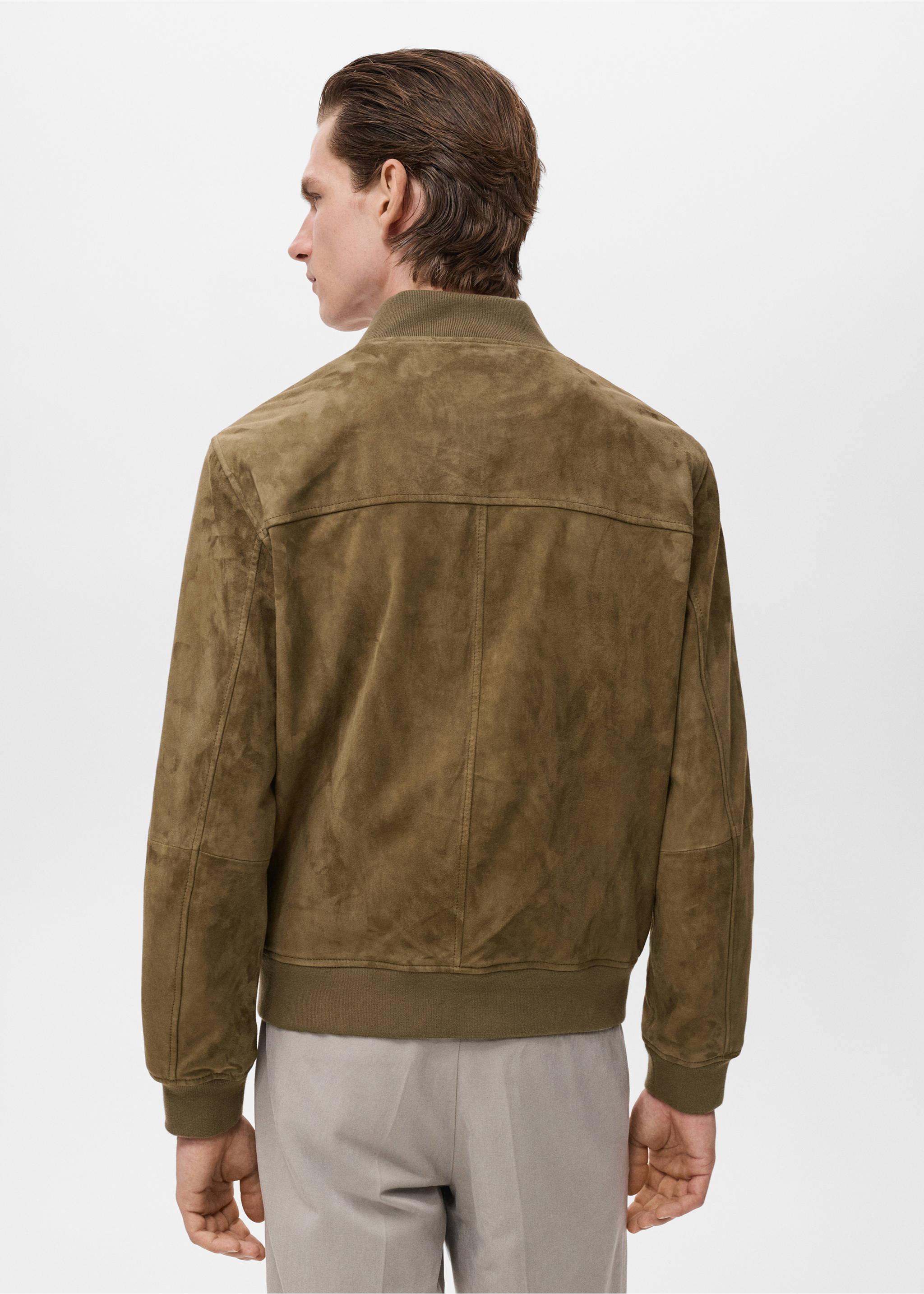 Blouson bomber cuir daim - Verso de l’article, Kaki. Ref: 17005141-00.
