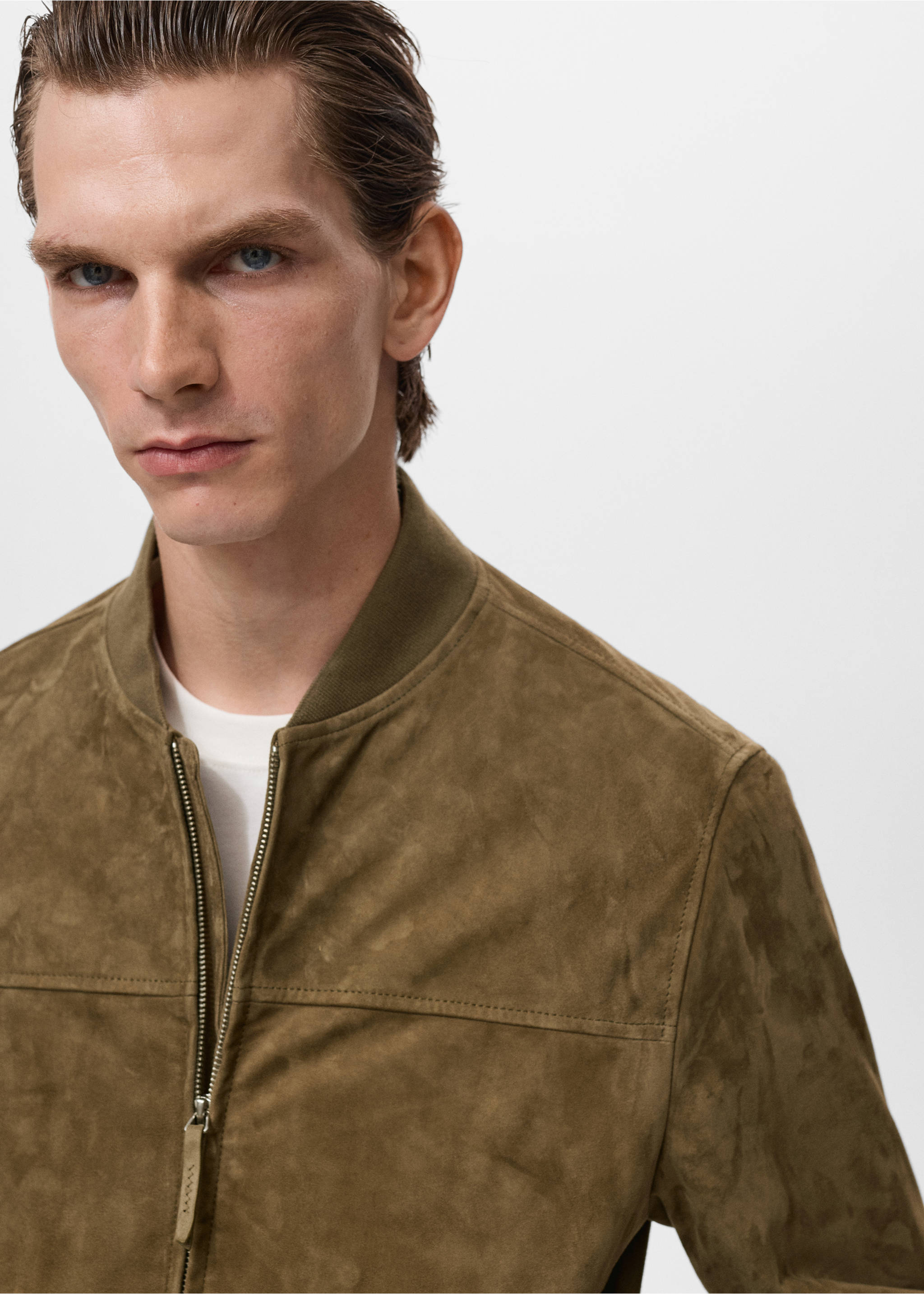 Blouson bomber cuir daim - Détail de l'article 1, Kaki. Ref: 17005141-00.