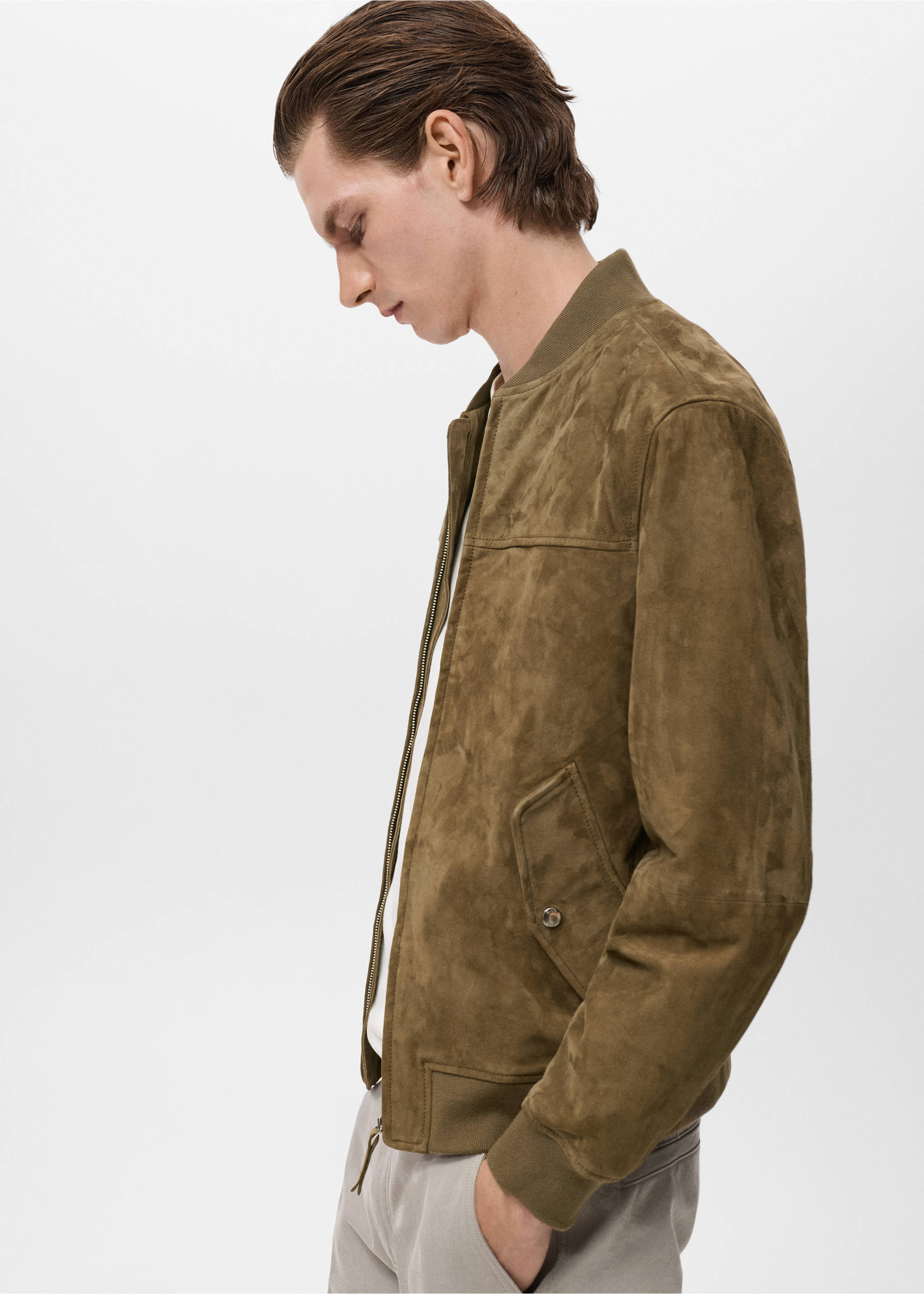 Blouson bomber cuir daim - Détail de l'article 2, Kaki. Ref: 17005141-00.