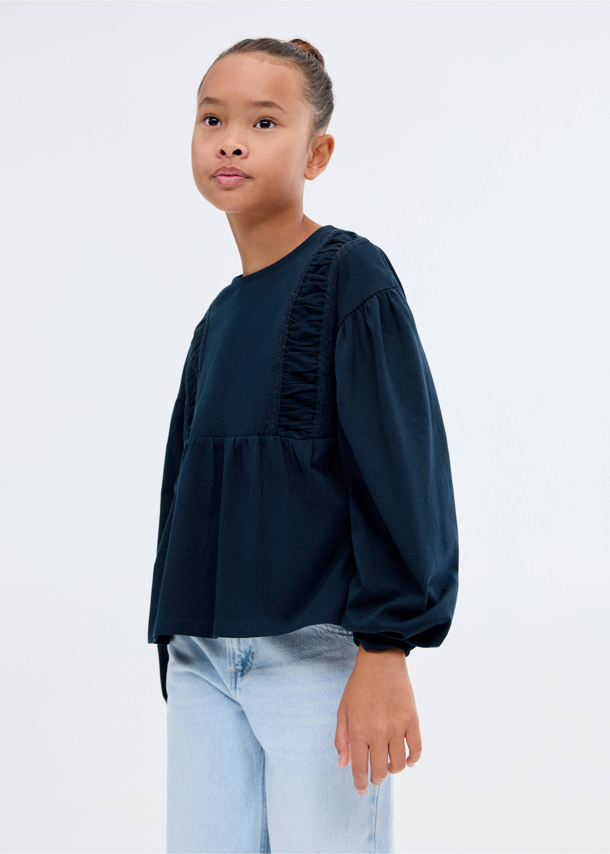 T-shirt with gathered details - Medium plane, Navy. Ref: 17005167-00.