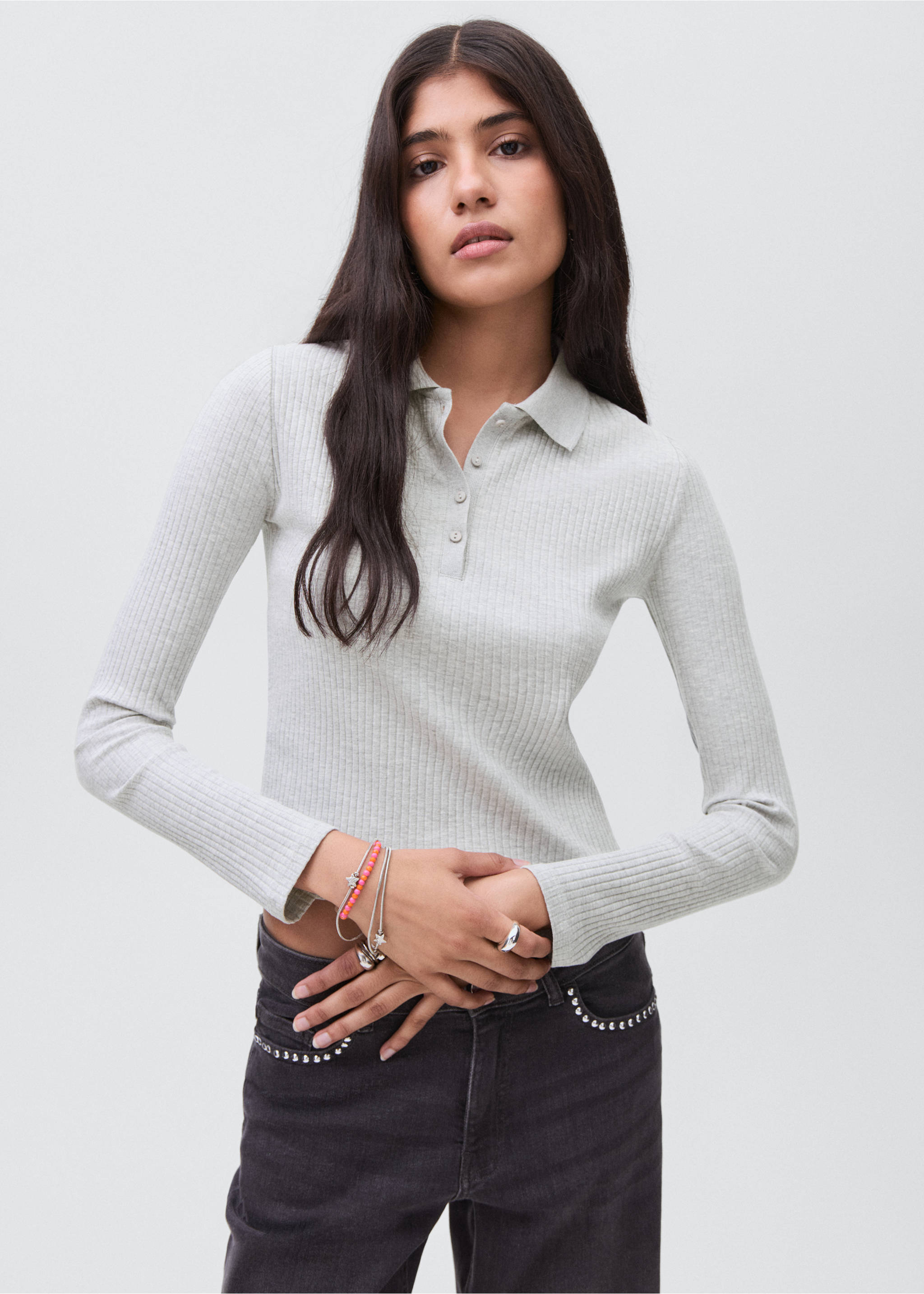 Ribbed polo t-shirt - Medium plane, Medium Heather Grey. Ref: 17005180-00.