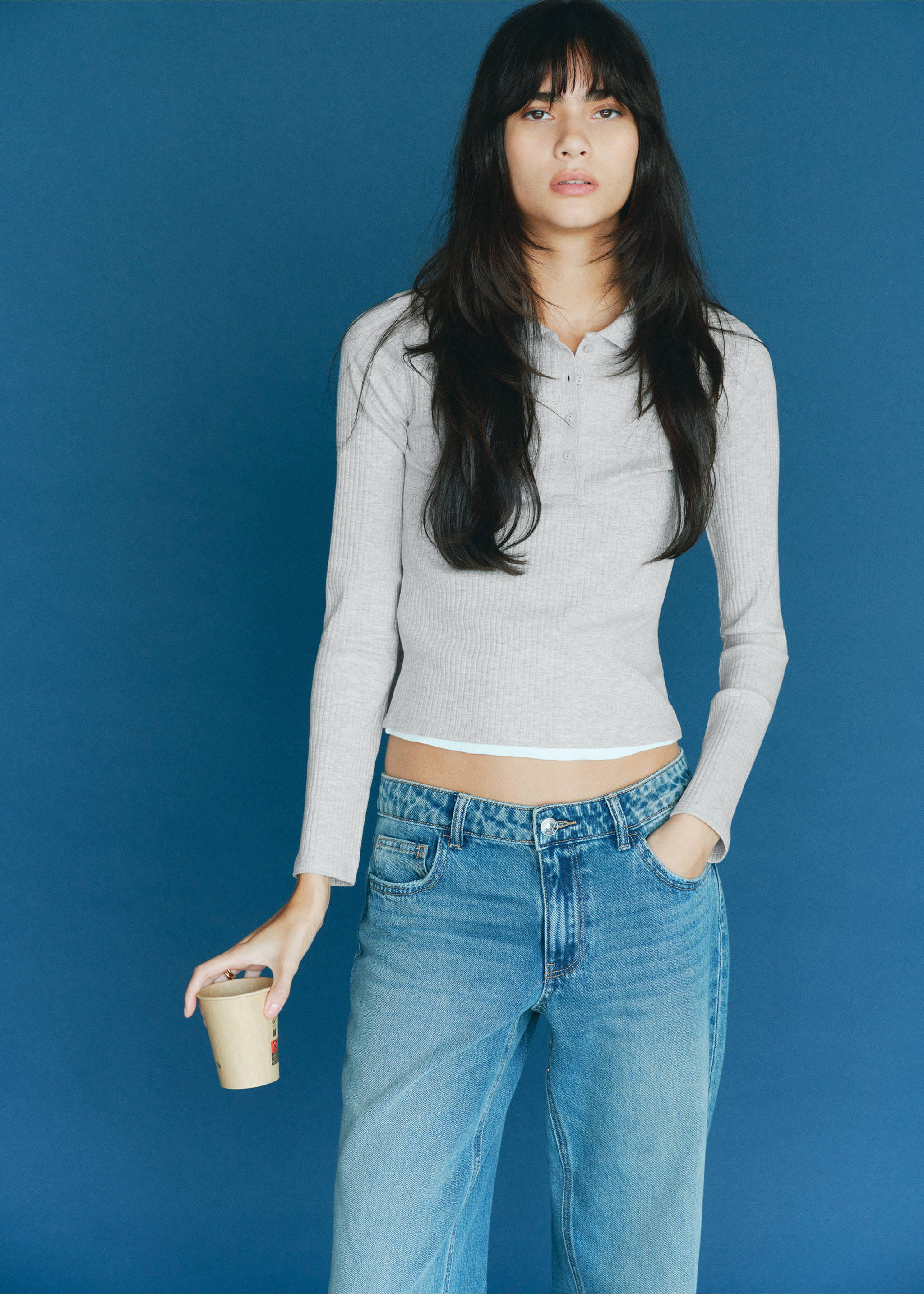 Ribbed polo t-shirt - Details of the article 5, Medium Heather Grey. Ref: 17005180-00.