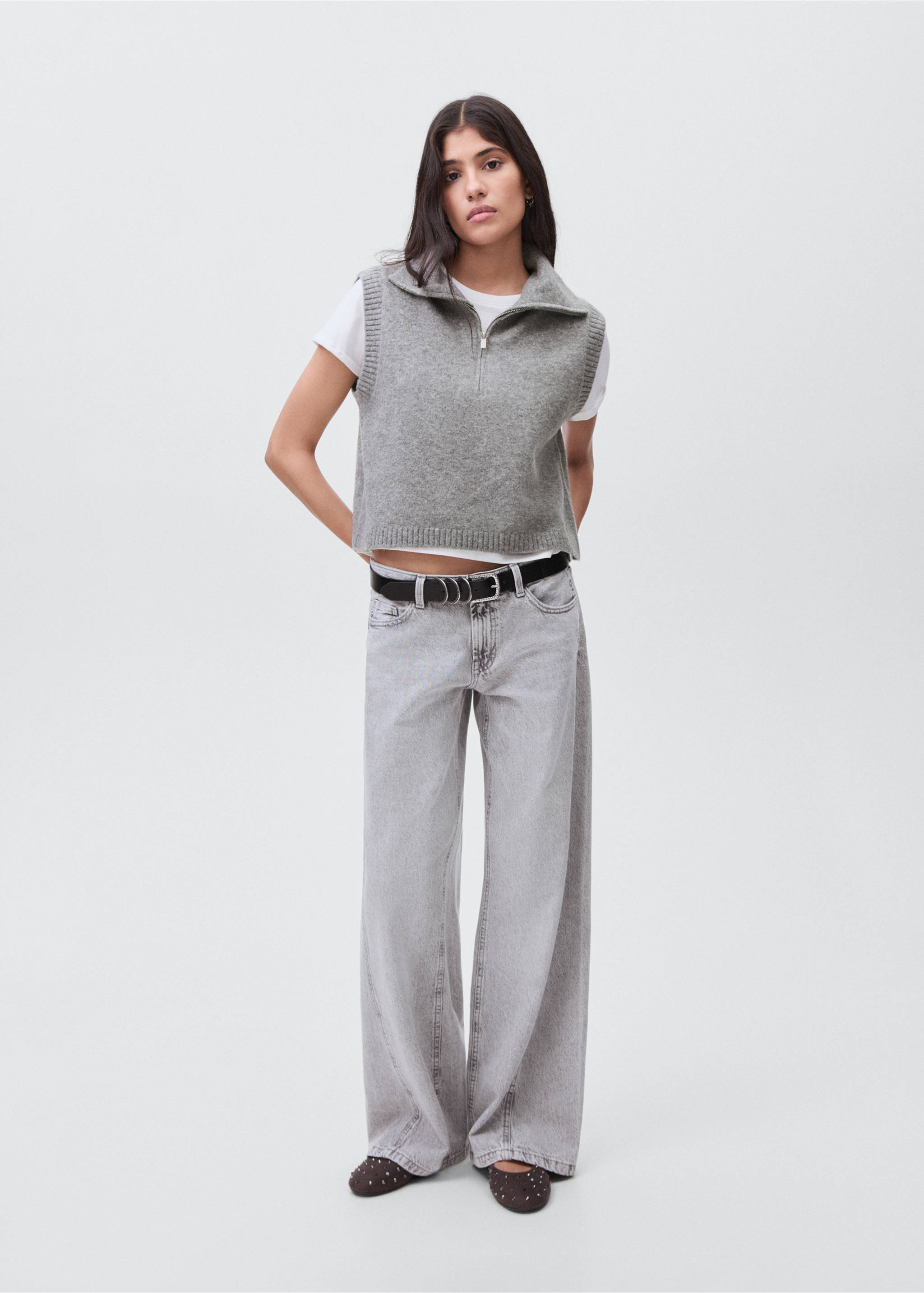 Gilet maille col montant - Plan général, Gris chiné moyen. Ref: 17005802-00.