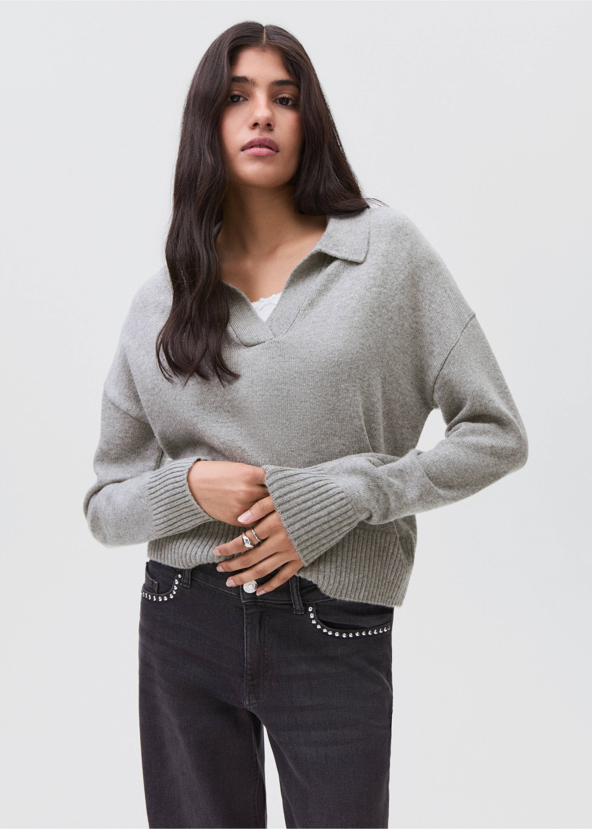 Jersei punt coll polo - Pla mig, Gris clar vigoré. Ref: 17005803-00.