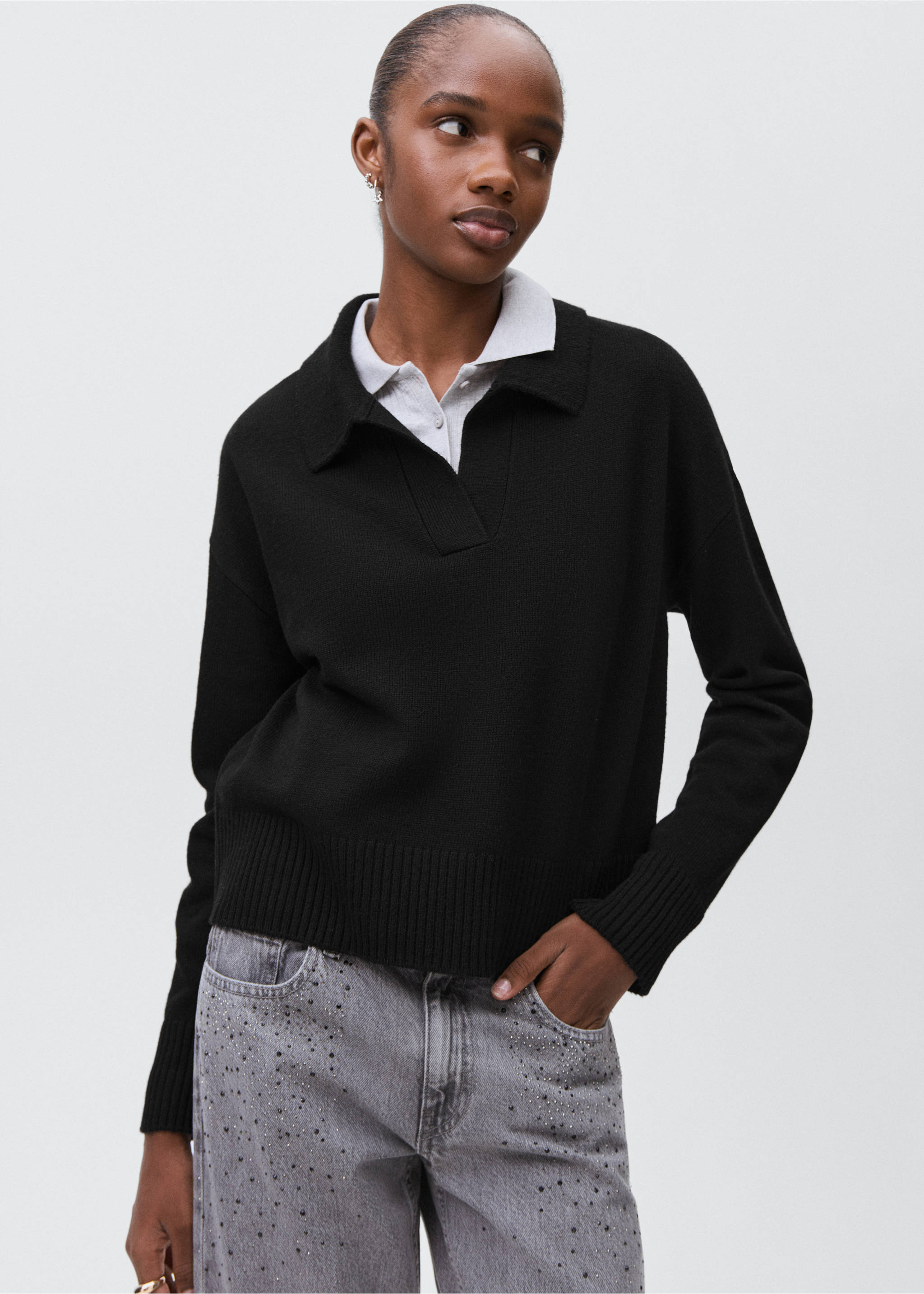 Knitted polo-neck sweater - Medium plane, Black. Ref: 17005803-00.