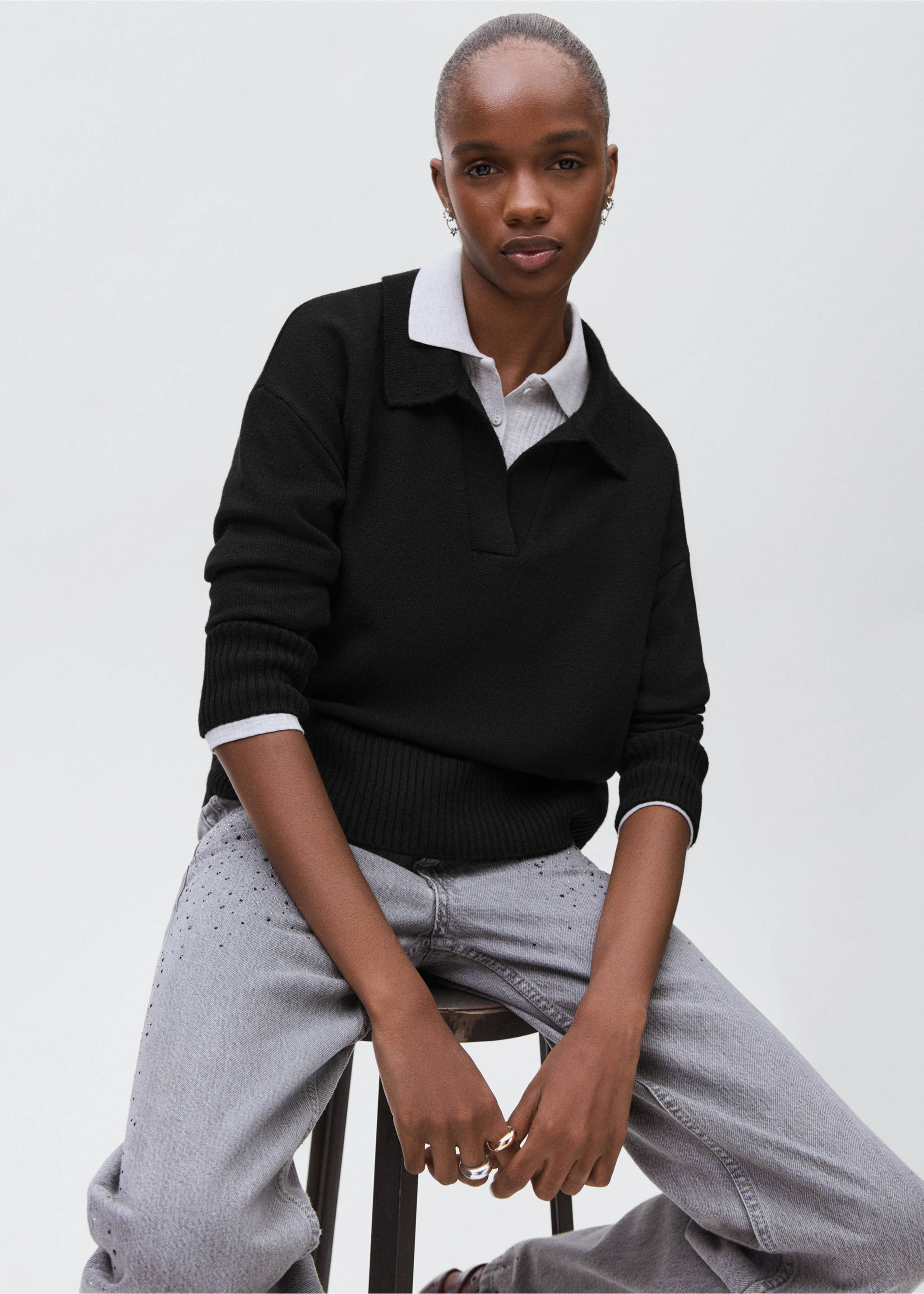 Knitted polo-neck sweater - Details of the article 2, Black. Ref: 17005803-00.