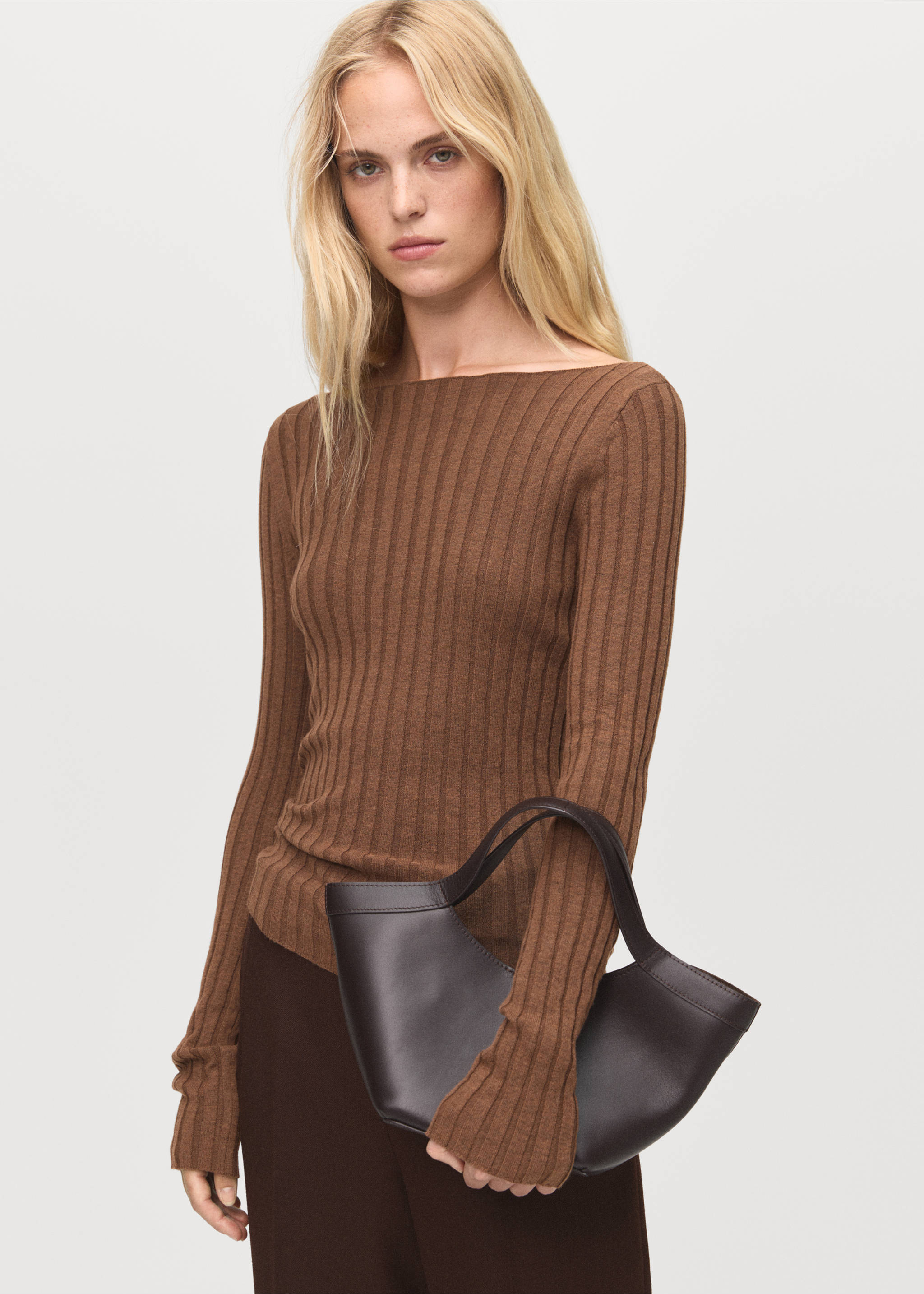 Boat neck ribbed sweater - Medium plane, Chocolate. Ref: 17005815-00.
