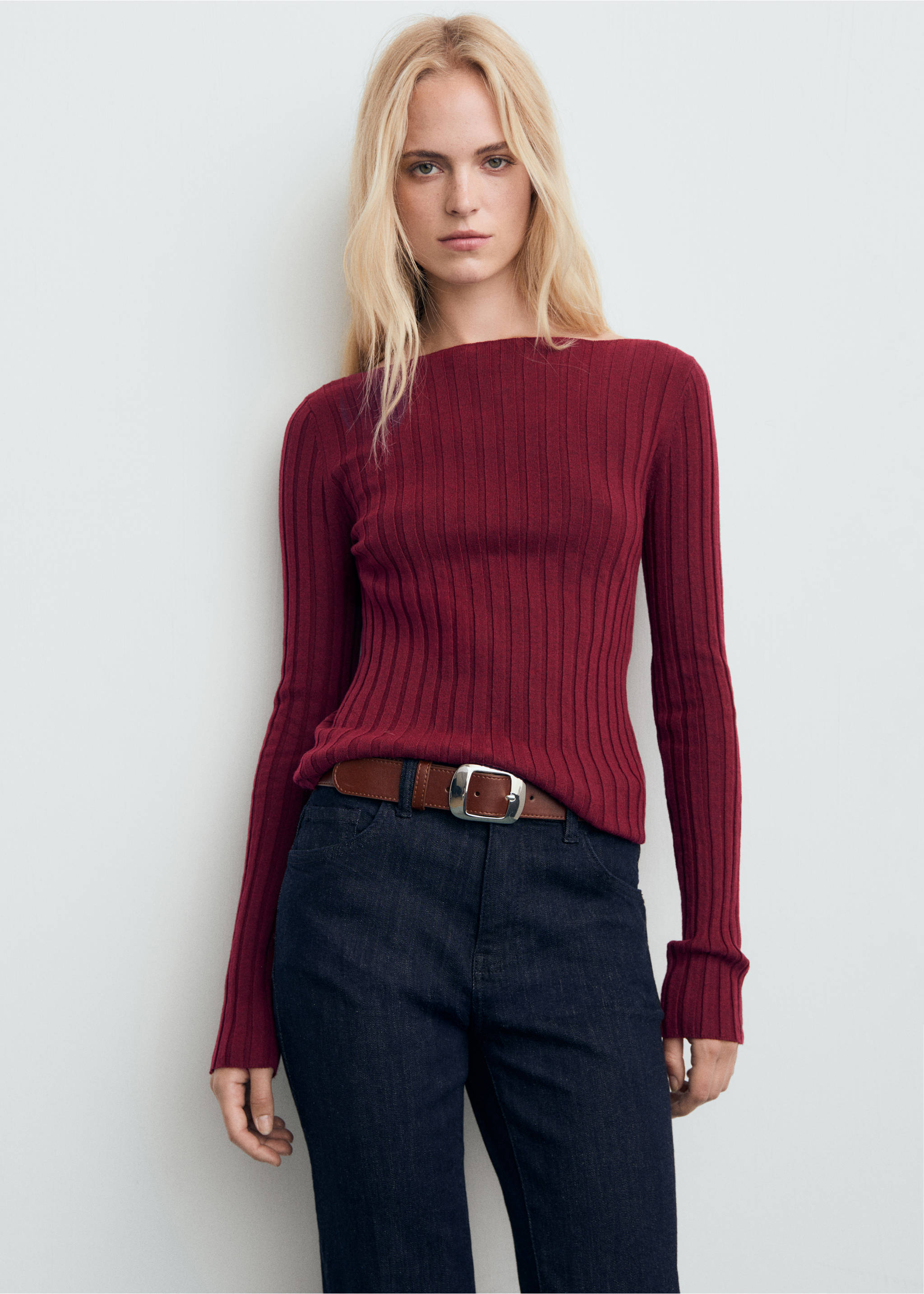 Boat neck ribbed sweater - Medium plane, Wine. Ref: 17005815-00.