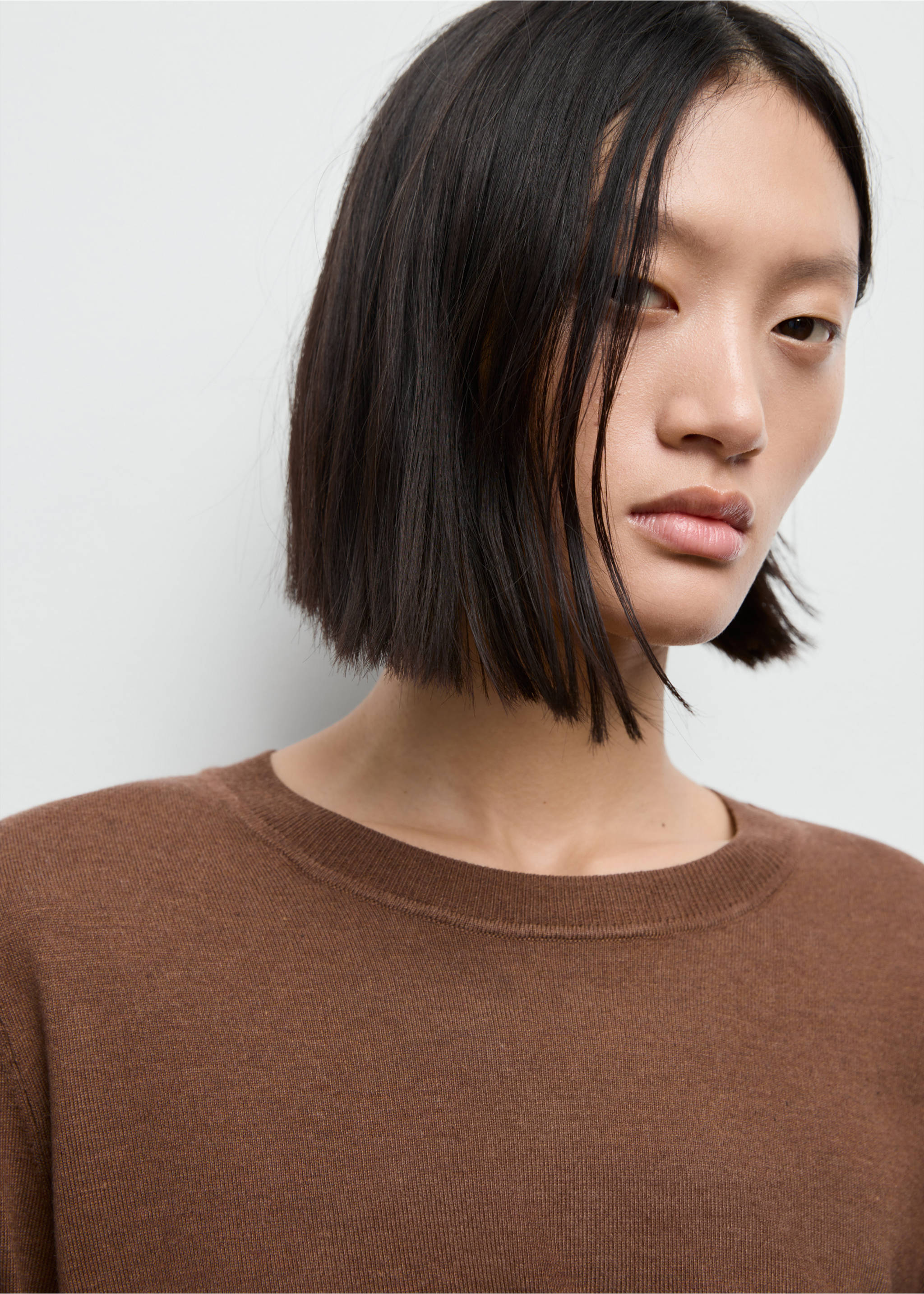 Fine-knit crew-neck sweater - Details of the article 1, Tobacco Brown. Ref: 17005817-00.